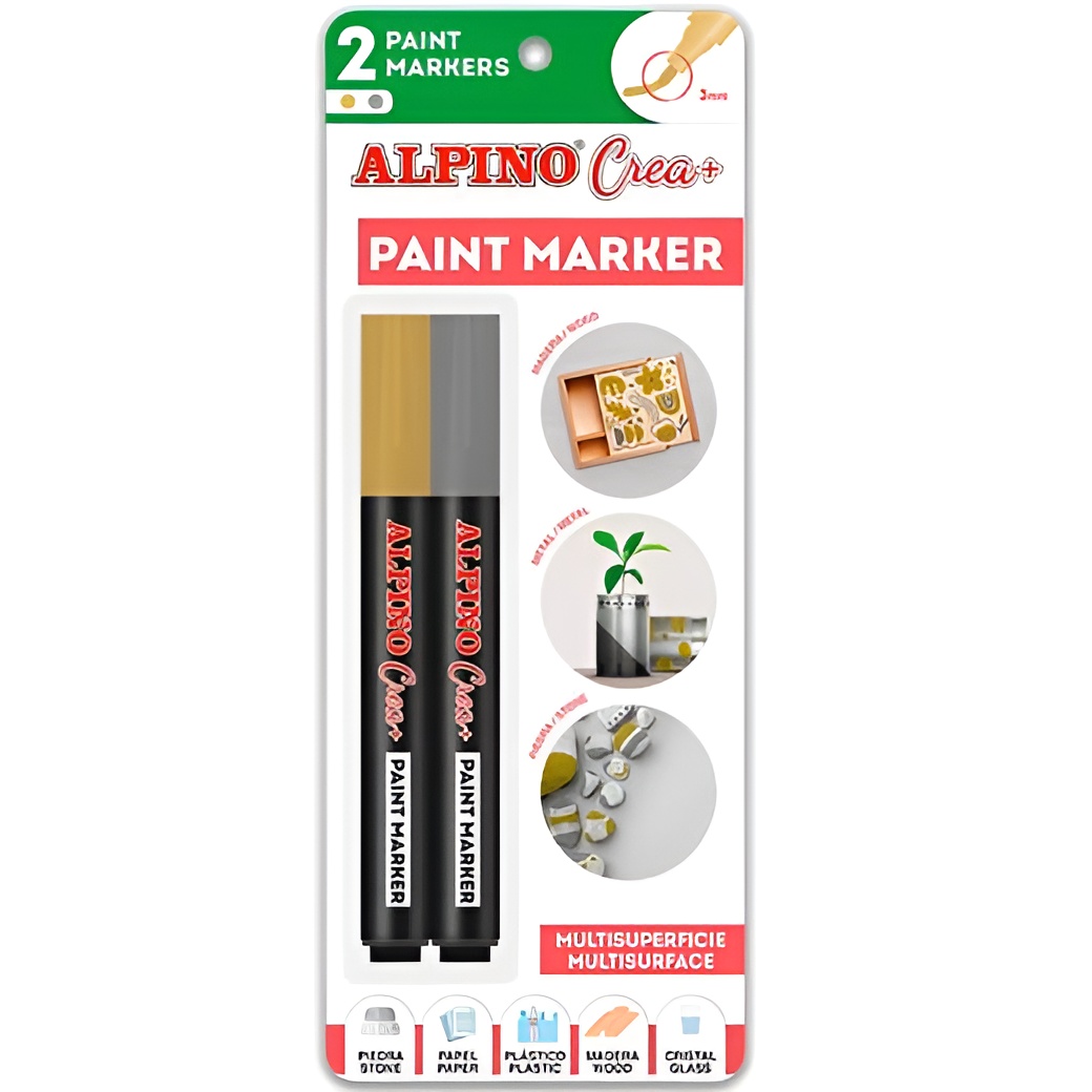 Alpino rotuladores crea + paint marker para decoración todas superficies pack de 2 oro/plata