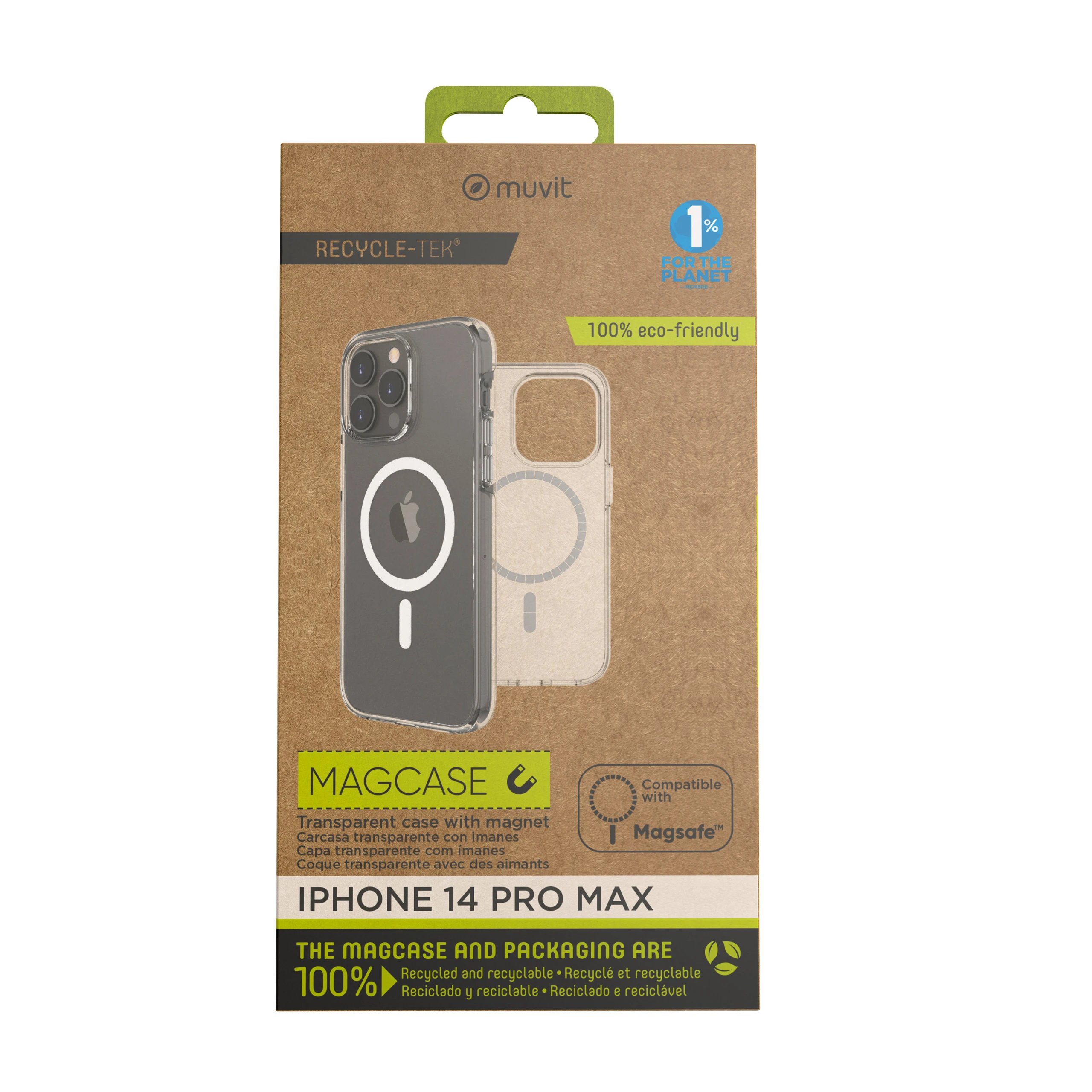 Muvit - Funda Recycletek MagSafe para iPhone 14 Pro Max transparente 100% reciclada y reciclable, con imanes integrados para carga rápida Qi de hasta 15 W