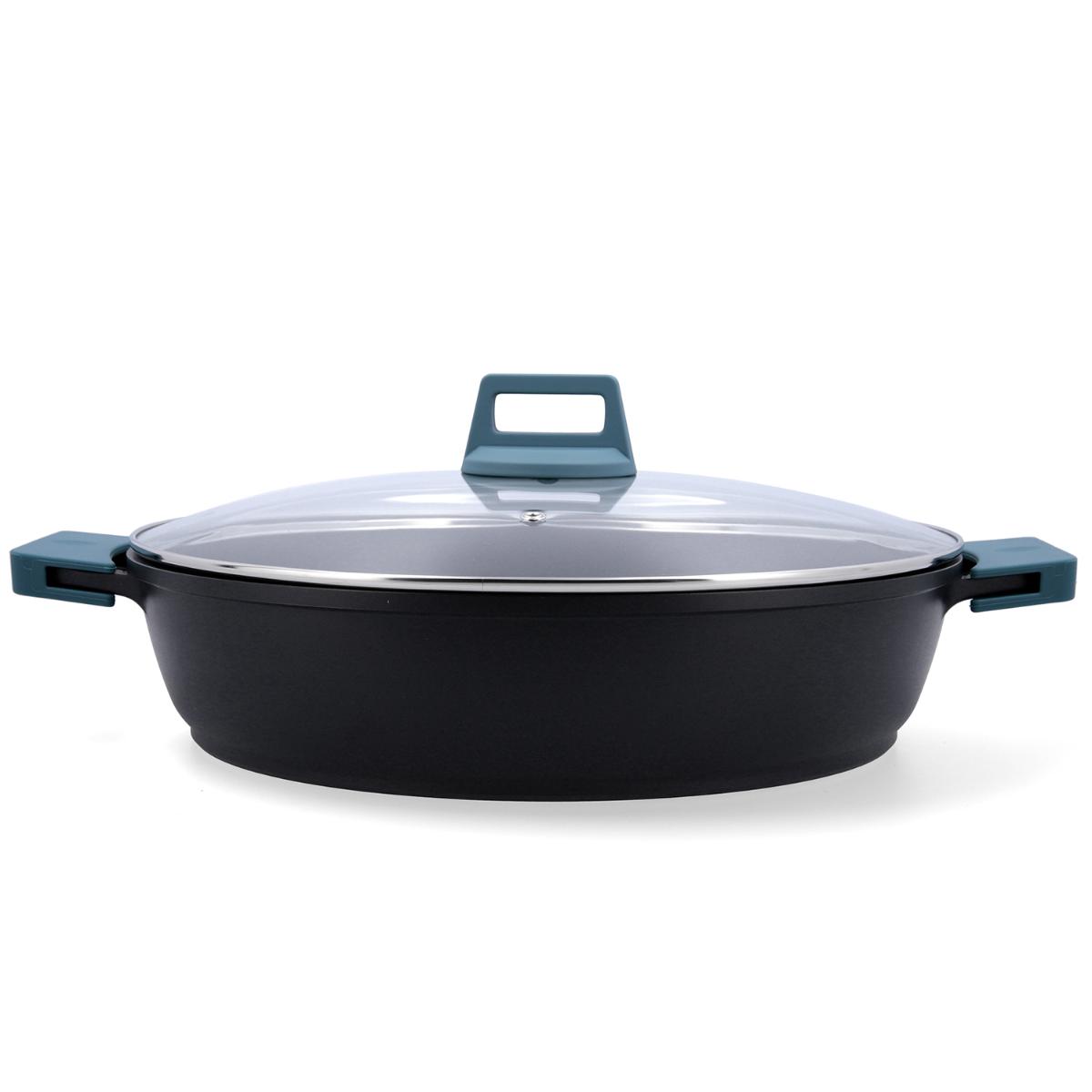 Tartera con tapa de aluminio fundido Quid Confort azul/negro mate – Antiadherente - 24 a 36 cm y capacidad hasta 6L - Apta Inducción y cualquier otro fuego - Apta horno y lavavajillas - Asas extraíbles