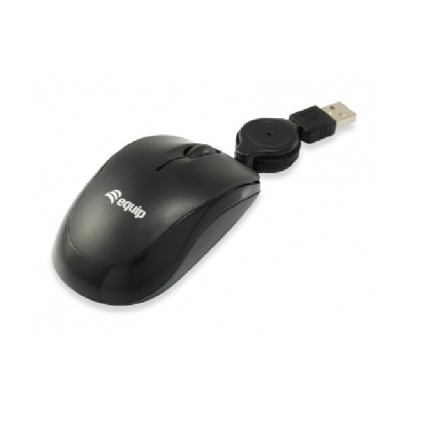 Equip USB Optical Travel Mouse with retractable cable, 1000 DPI, suitable for both left and right-handed users, ideal for on-the-go use.