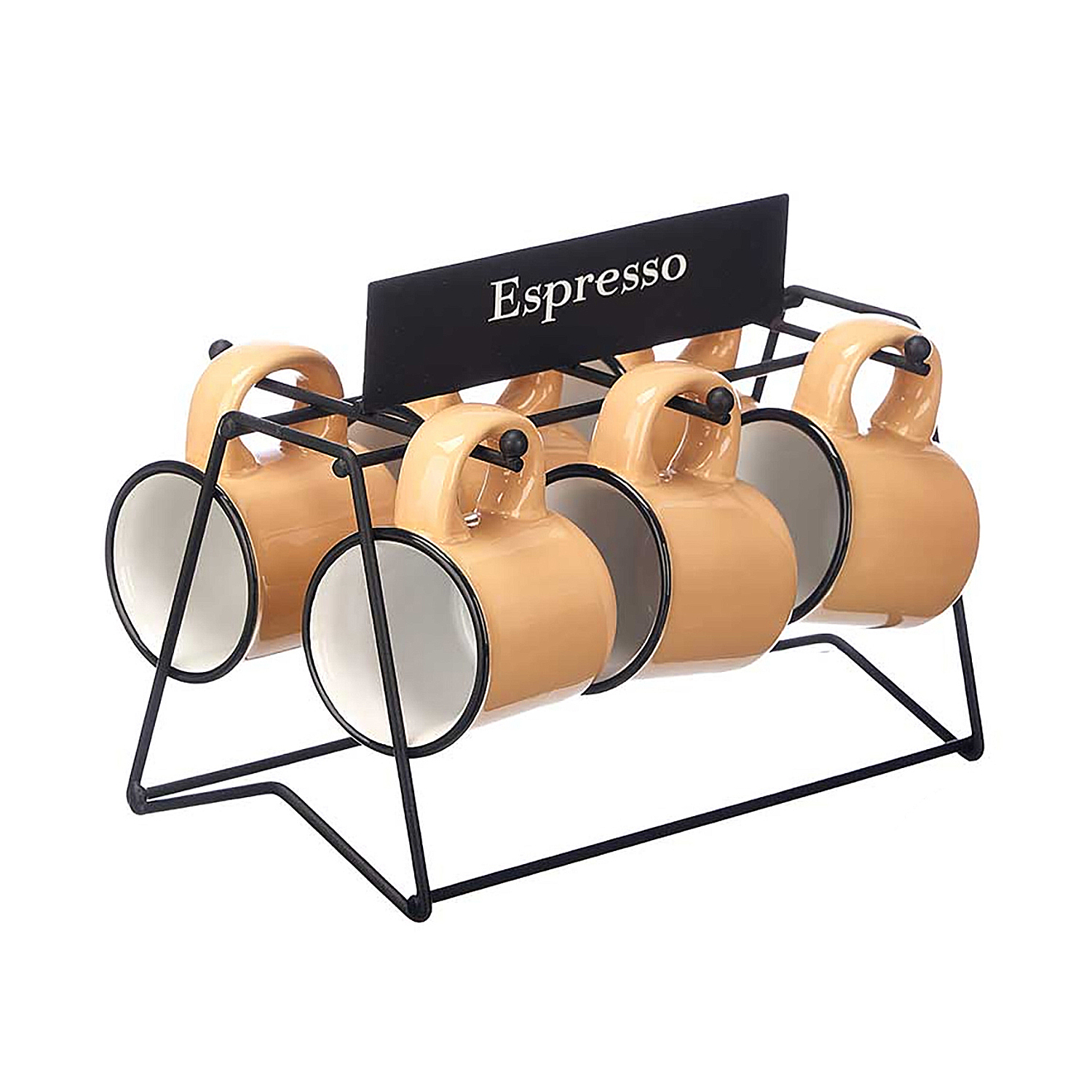 DAM.Set de 6 tazas beige para café de porcelana con soporte de metal. 100 ml de capacidad. 8x8x10cm