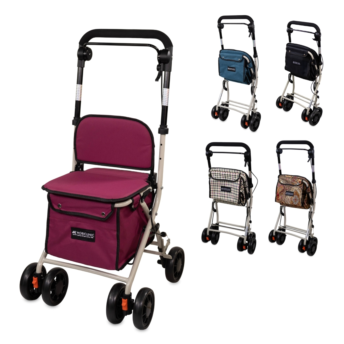 Mobiclinic® Carro de la compra con asiento Andador plegable Coliseo Monomando Acero Respaldo y Asiento acolchado Marca Española Sistema de frenado con Bolsa de la compra Ruedas 360º