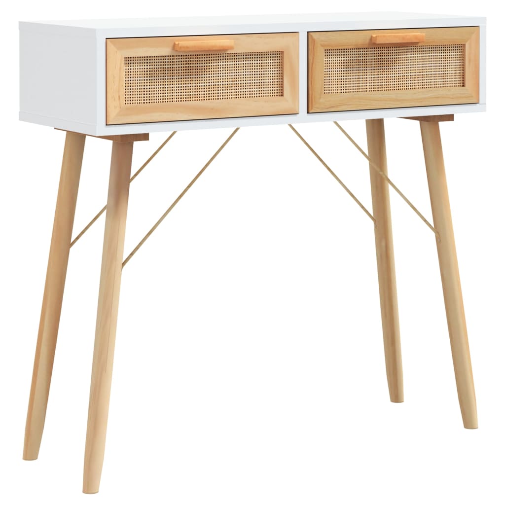 Vidaxl Mesa Consola Madera Pino Maciza Ratán Natural 80x30x75 Cm Blanco