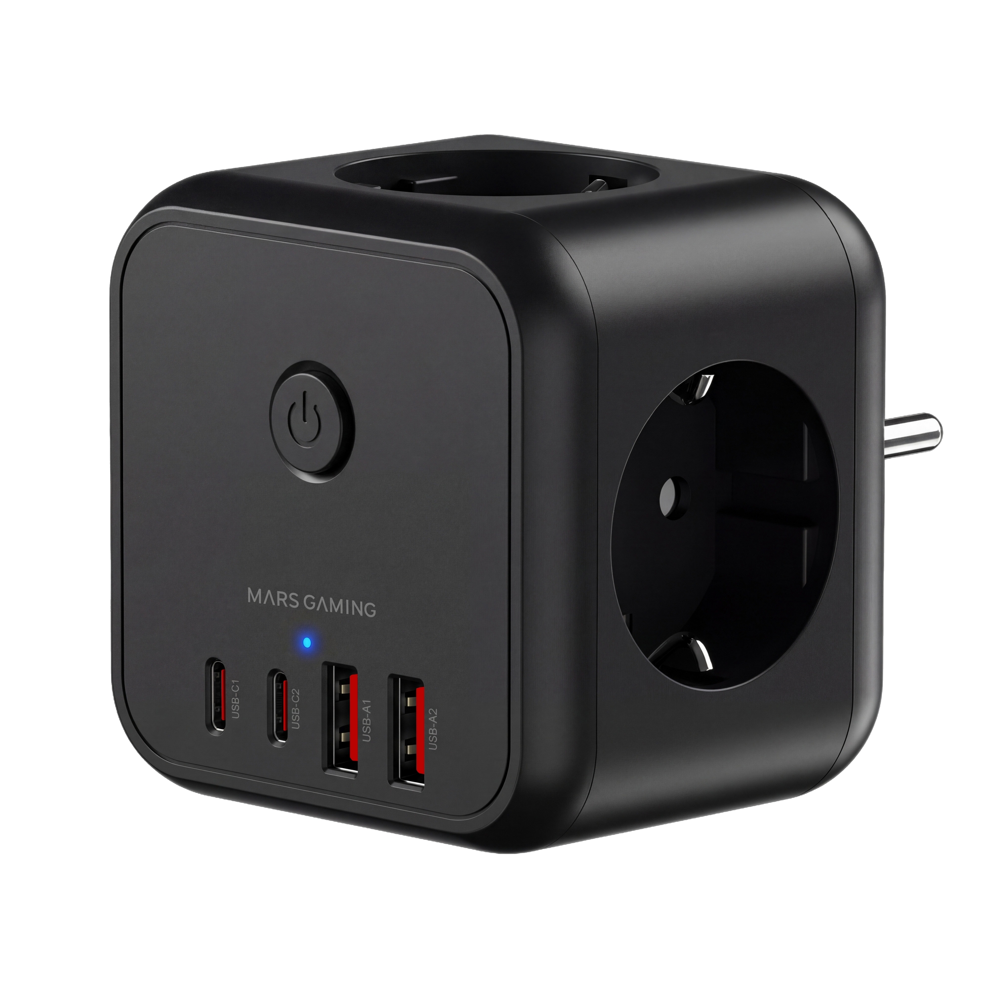 Mars Gaming MD-CUBE20, PowerCube Multifunción Compacto, 3 Enchufes SCHUKO + 2 USB-C + 2 USB-A, Carga Rápida PD 20W, Tecnología GaN, Botón ON/OFF con LED, 9 Protecciones, Enchufe Europeo Tipo F, Negro o Blanco