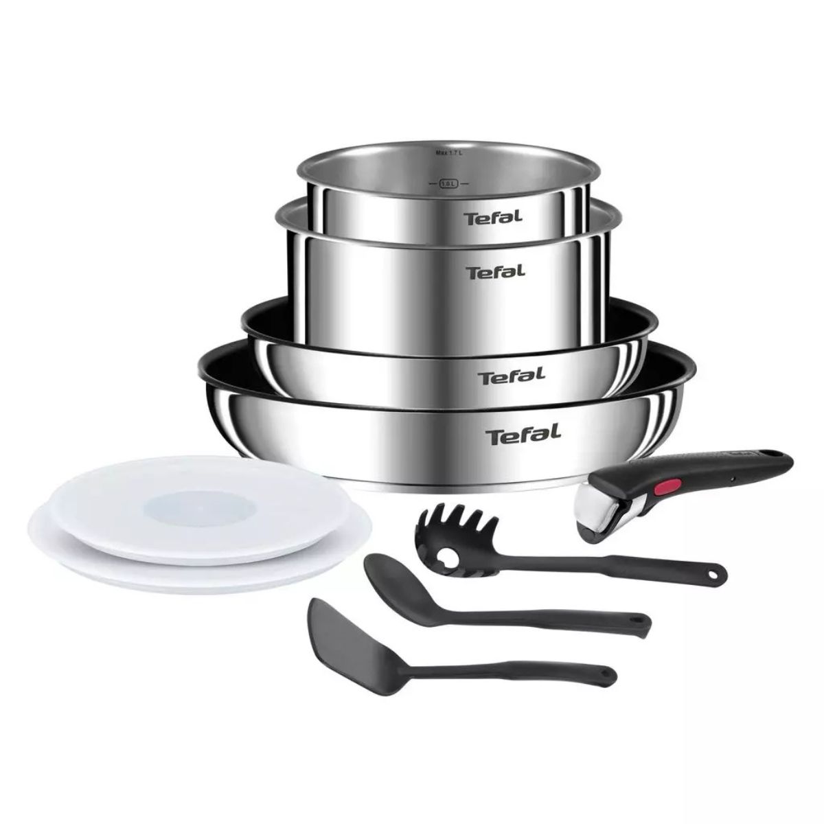 Set de 10 piezas Ingenio Tefal (2 sartenes 22 y 26cm, 2 cazos de 16 y 18cm, mango desmontable, cuchara para servir, espátula, cuchara espaguetis, 2 tapas)