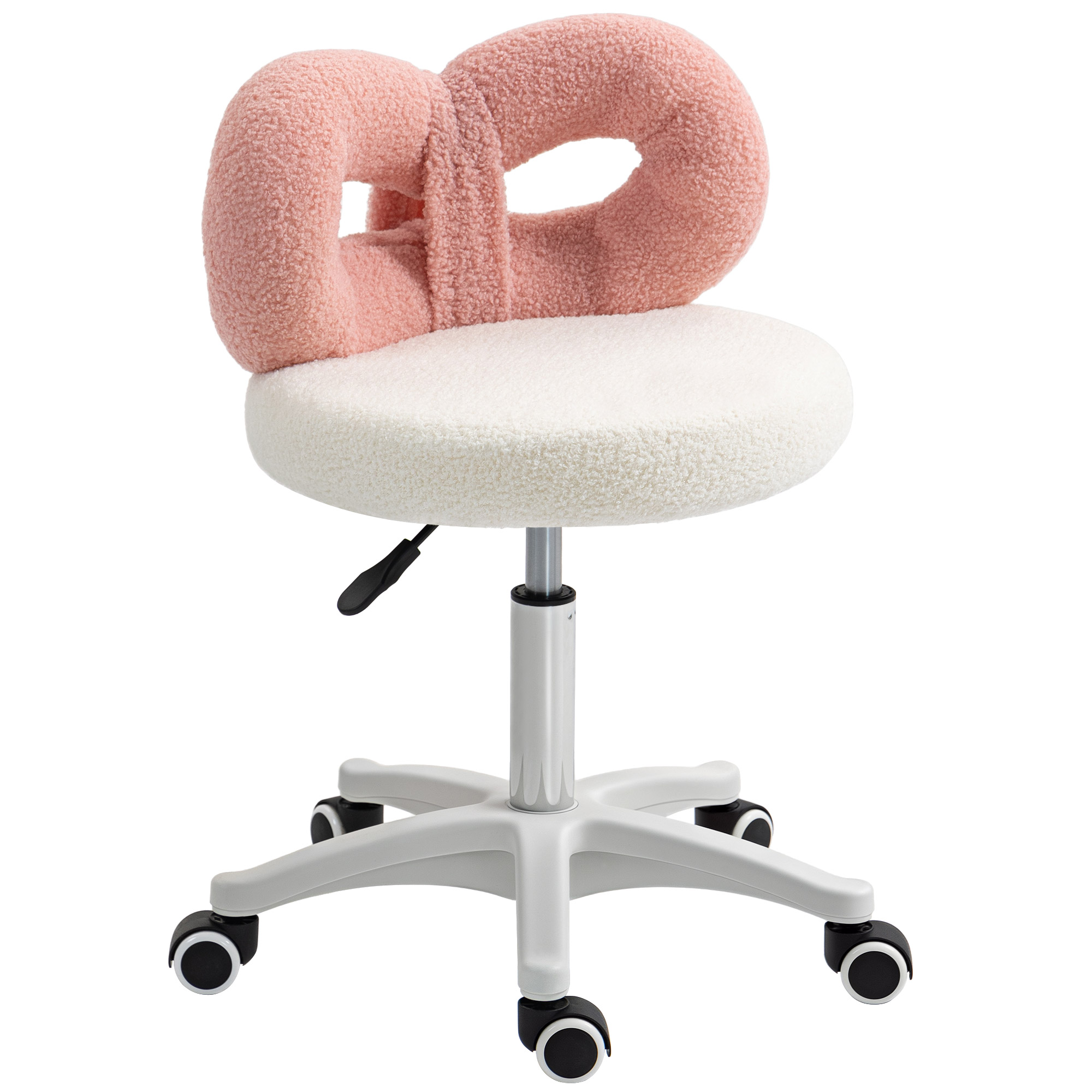 HOMCOM Taburete Giratorio con Respaldo Taburete con Ruedas Altura Regulable 63-77 cm Tapizado en Tejido de Borreguito para Salones Talleres Spa Masaje Blanco y Rosa