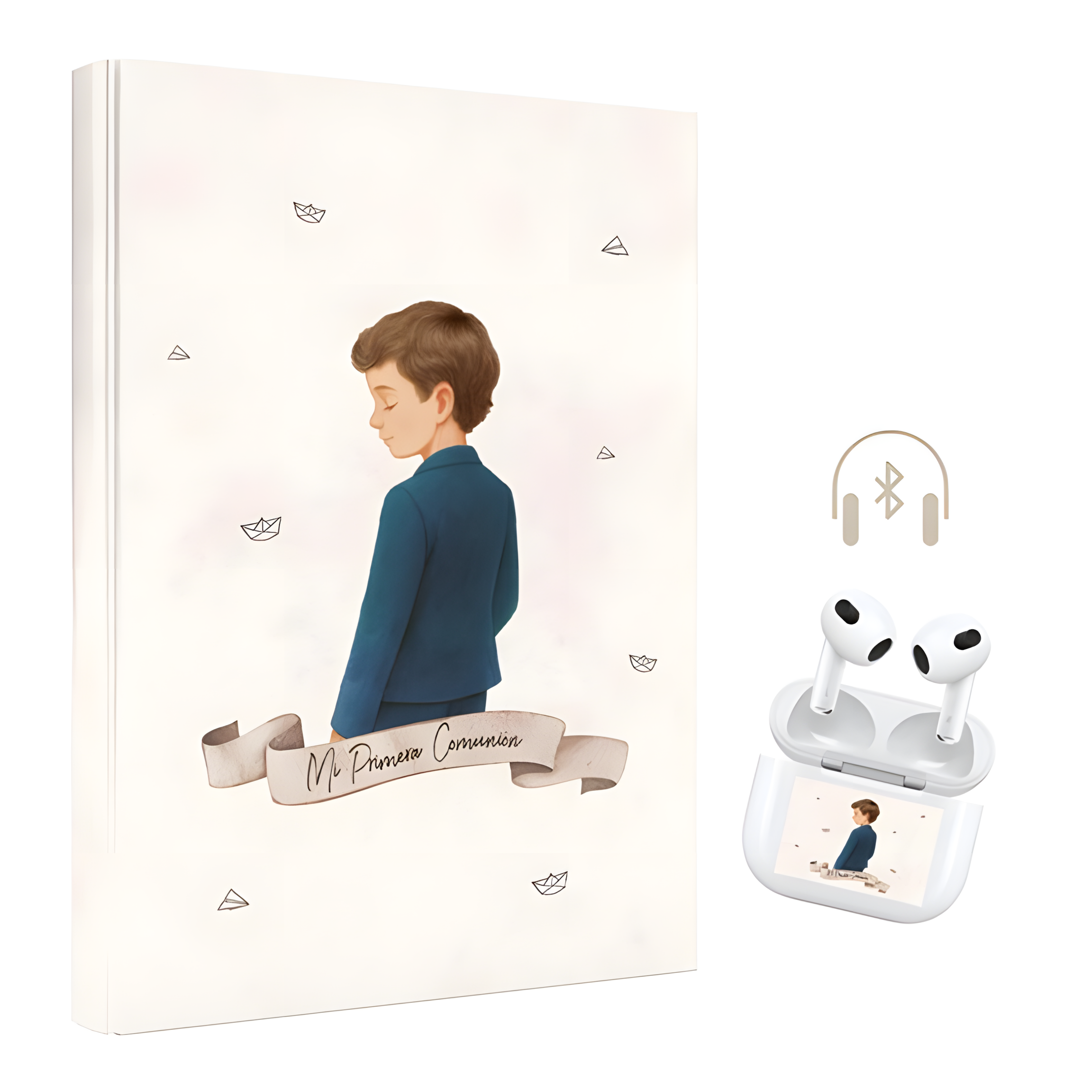 LIBRO DE FIRMAS Y ALBÚM DE FOTOS NIÑO PRIMERA COMUNIÓN, CON AURICULARES INALÁMBRICOS DE REGALO