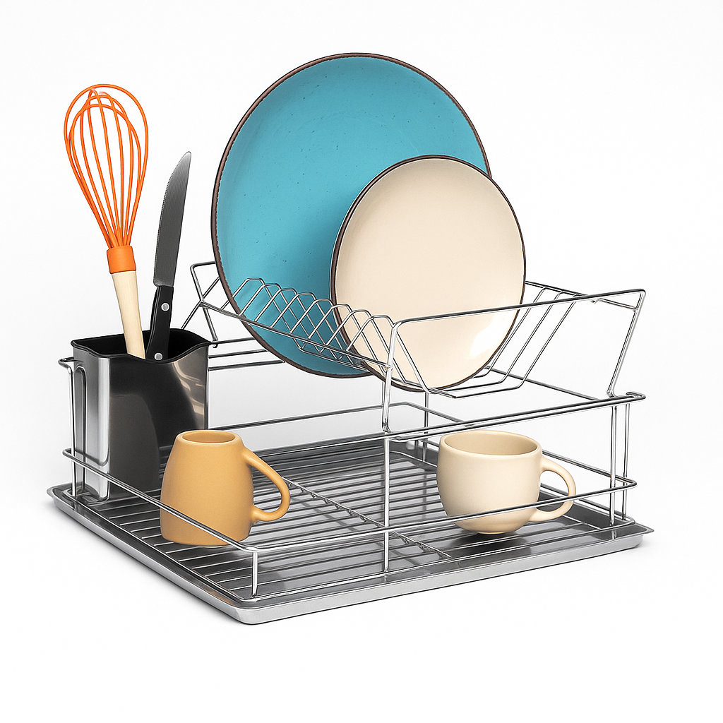 Escurreplatos Jocca de gran capacidad con bandeja recogegotas y cesto para cubiertos. Diseño compacto y fácil de montar sin herramientas. Ahorra espacio en tu cocina. Estructura de hierro cromado resistente con medidas de 47x32x22cm