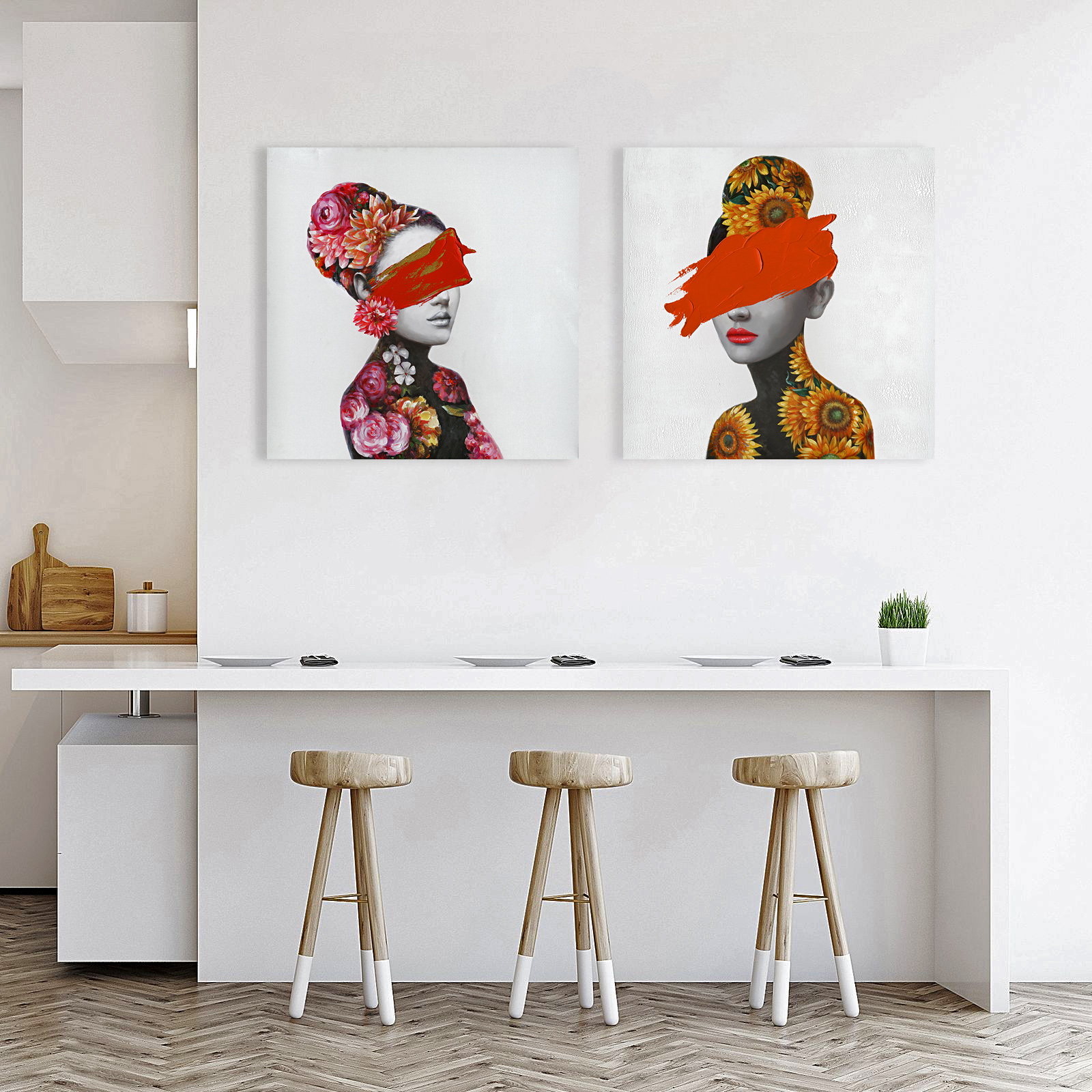 Hispanohogar Set de 2 Cuadros Impresos en Lienzo Mujeres y Girasoles 60x60 Cm