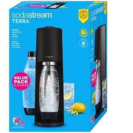 sodastream Gasador Terra Value Pack x2 con 2 botellas fundidas aptas para lavavajillas de 1L y 1 cilindro de CO2 Quick Connect para gasar hasta 60 L, negro mate