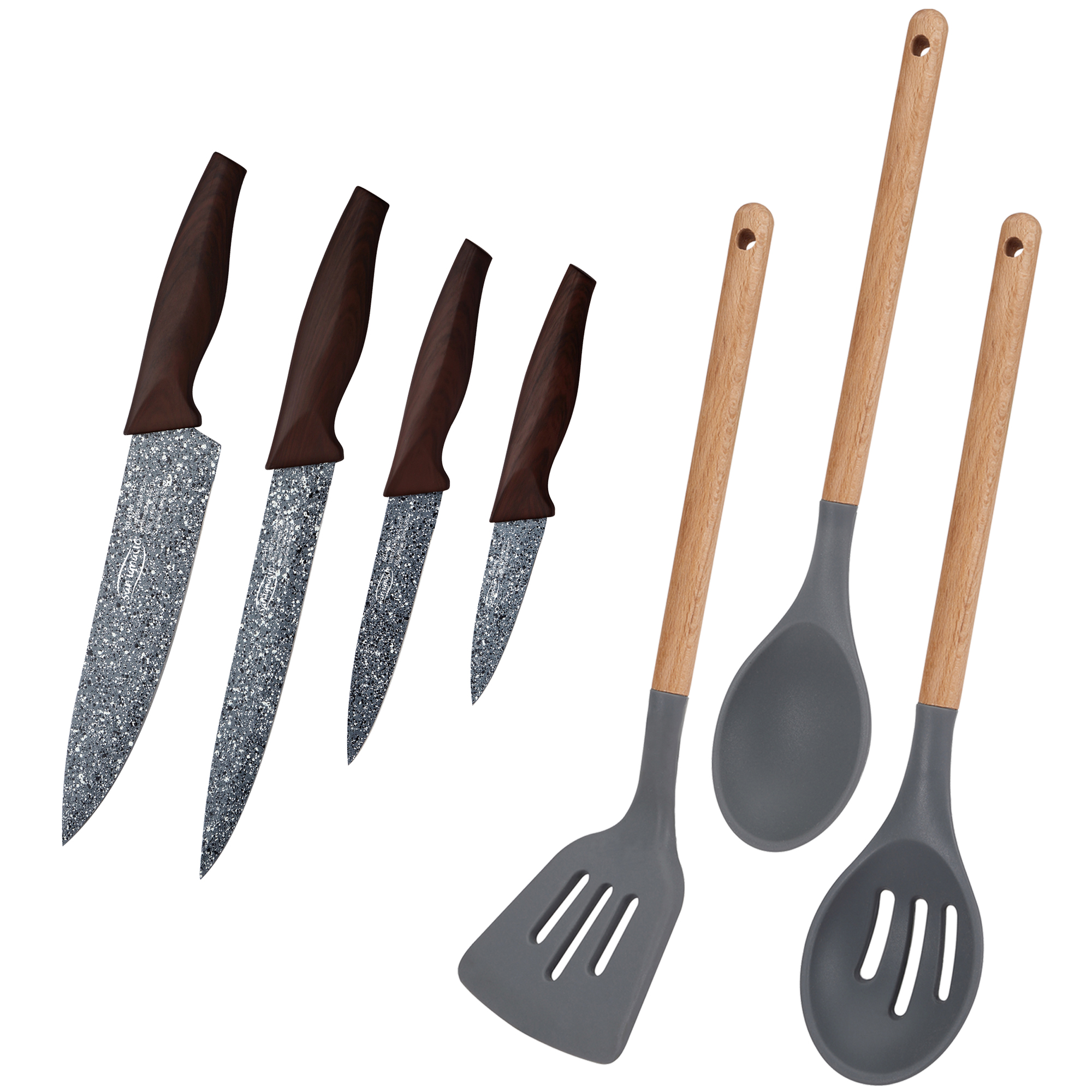 Juego de 4 cuchillos de cocina en acero inoxidable y set 3 utensilios de cocina colección Daimiel - SAN IGNACIO