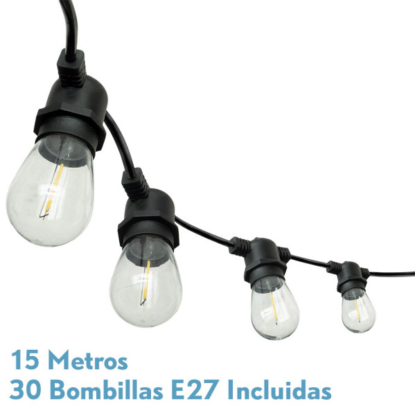 Guirnalda luces exteriro verbena 15m 30xe27led 30w 4000k bombillas reemplazables e interconectables ip44