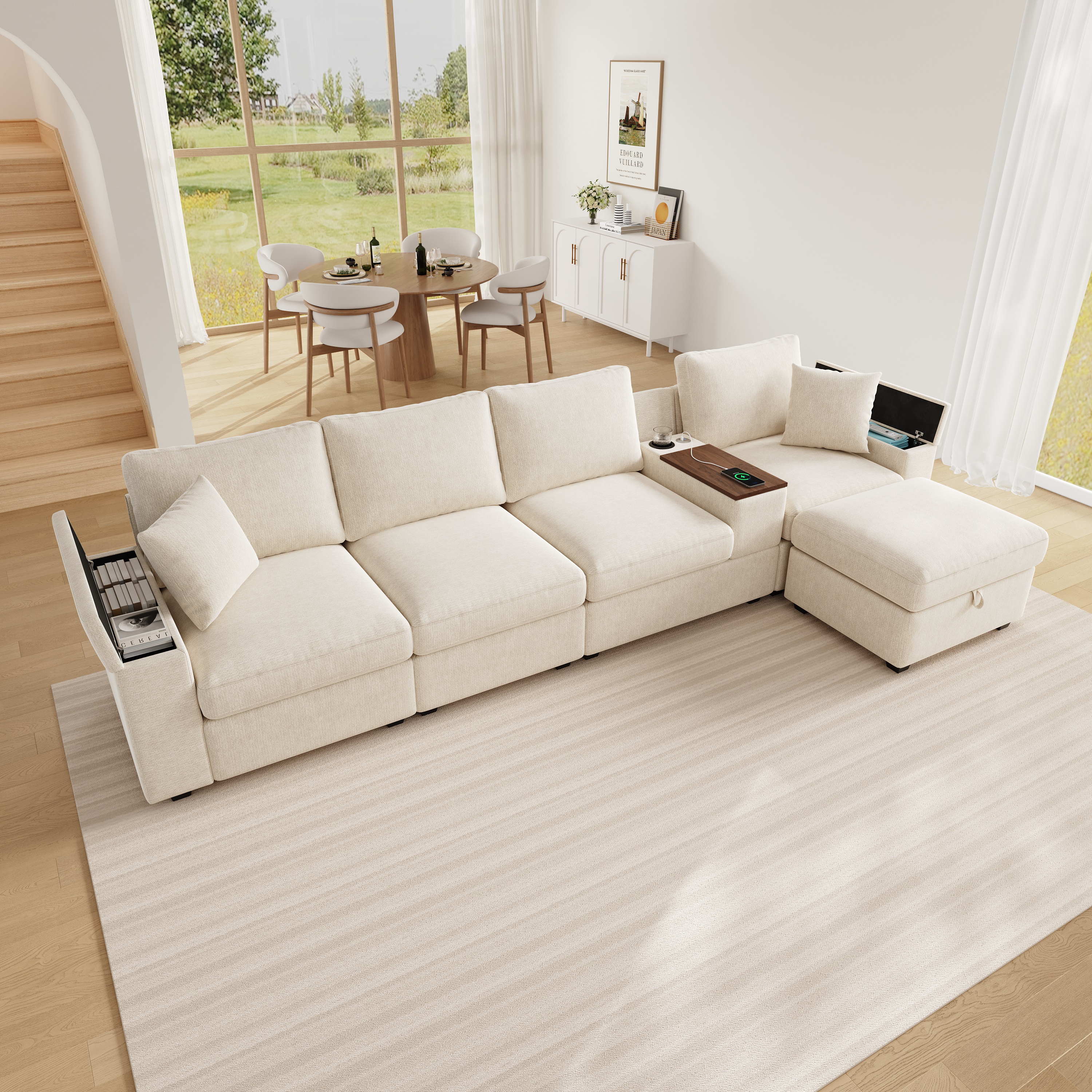 Canapé d’angle modulable 5 places beige en chenille avec ottoman, rangement, ports USB Type-C, porte-gobelets et table pivotante