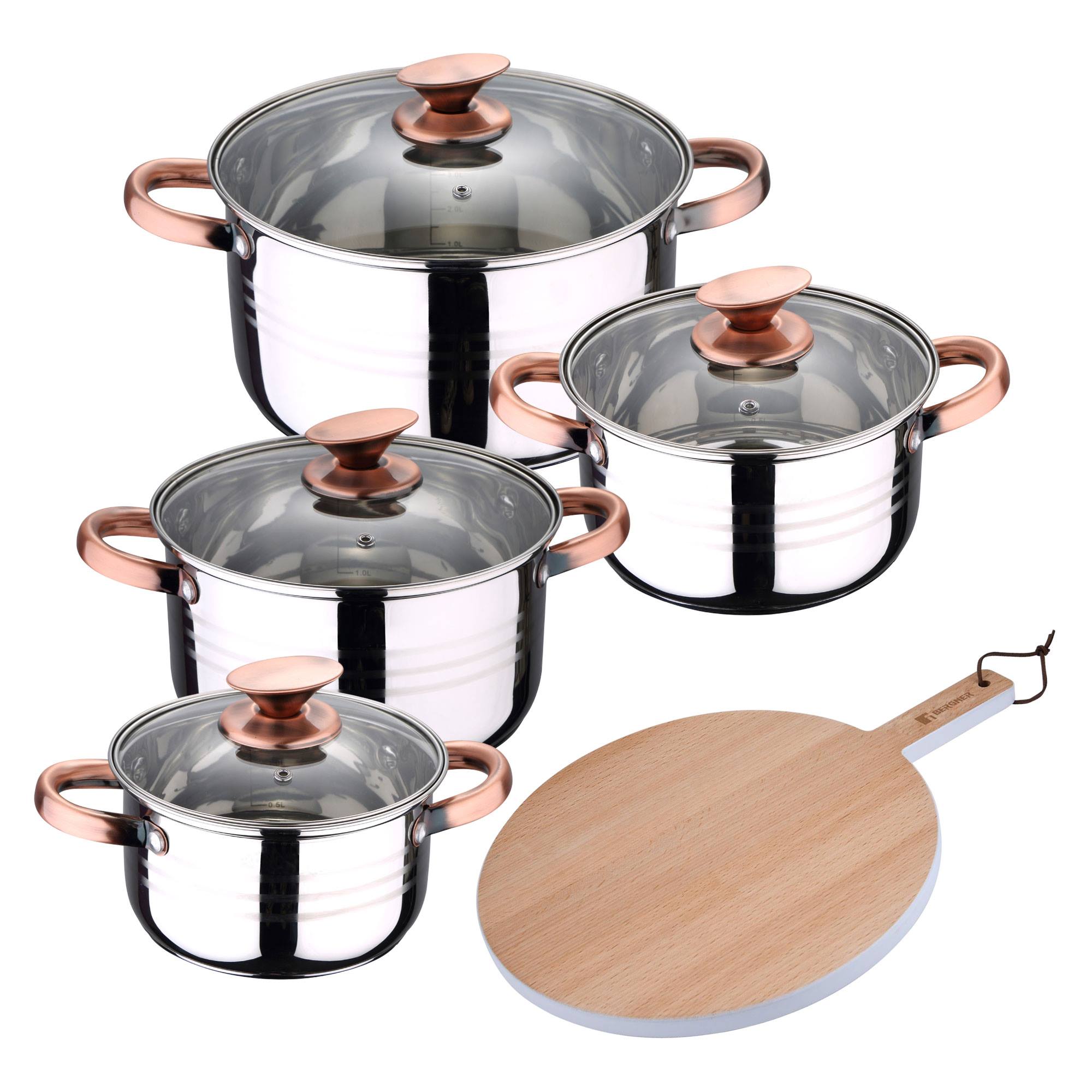 Bateria 8pc acero inoxidable apta para inducción Colección San Ignacio Premium +  Delantal de Cocina Gris oscuro 100% Algodón 75x80cm