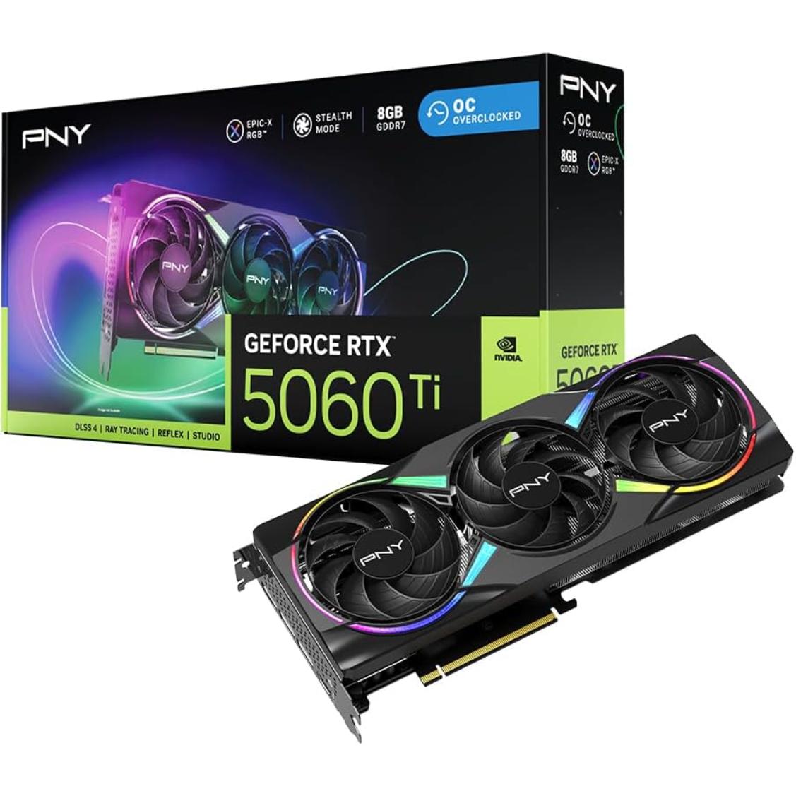 PNY GeForce RTX 5060 Ti EPIC-X RGB OC, GeForce RTX 5060 Ti, 8 GB, GDDR7, 128 bit, 7680 x 4320 Pixeles, PCI Express x8 5.0