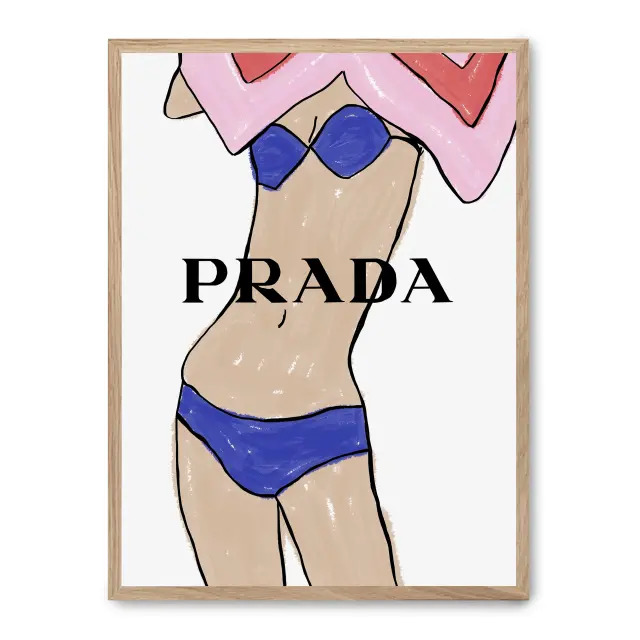 Cuadro prada v 30x40cm, Póster impreso en papel de primera calidad de 180gr, montado sobre marco de madera MDF acabado roble., Moda