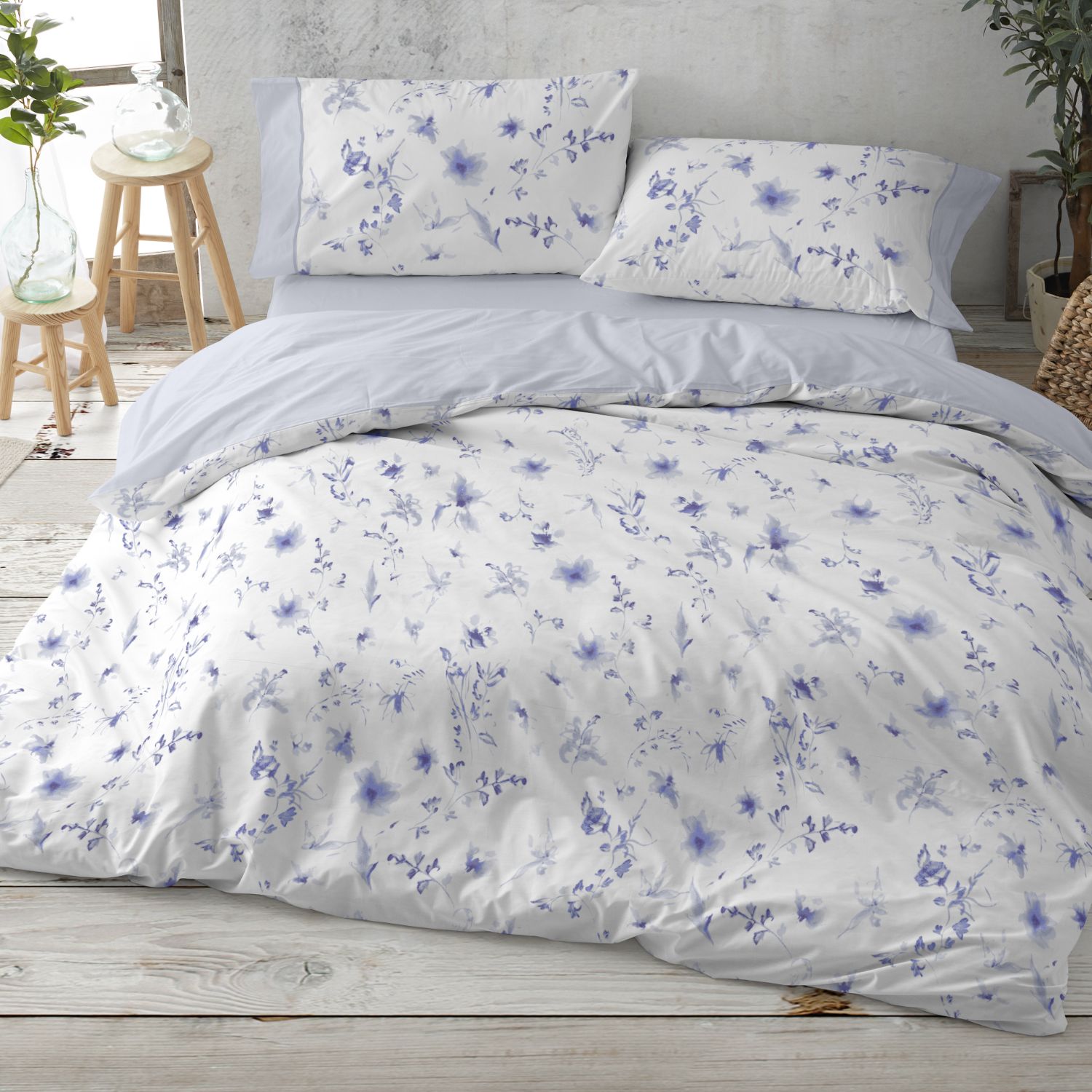 Juego Funda Nórdica Floral 50% Algodón | Tacto Suave | 5 Medidas de Cama | Incluye Sábana Bajera y Fundas - Azul y Salvia