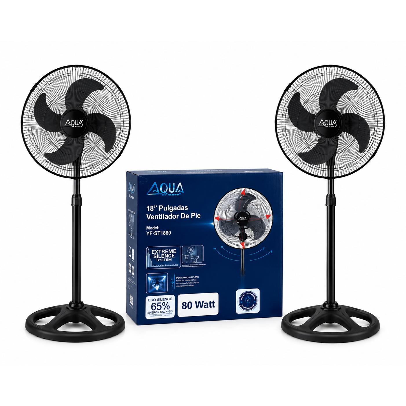 Pack 2 Ventiladores de Pie AQUA 18 Pulgadas 70W Oscilantes 360° | Altura Regulable 120-140 cm | 3 Velocidades | Silenciosos | Ventiladores para Hogar, Oficina y Dormitorio