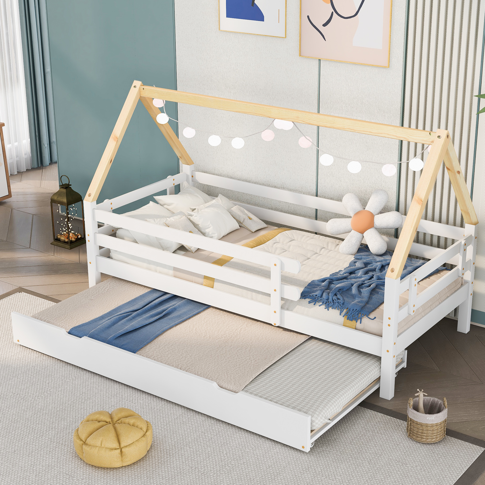 Lit cabane enfant blanc et naturel 90 x 200 cm en bois massif avec lit gigogne à roulettes et barrières de sécurité