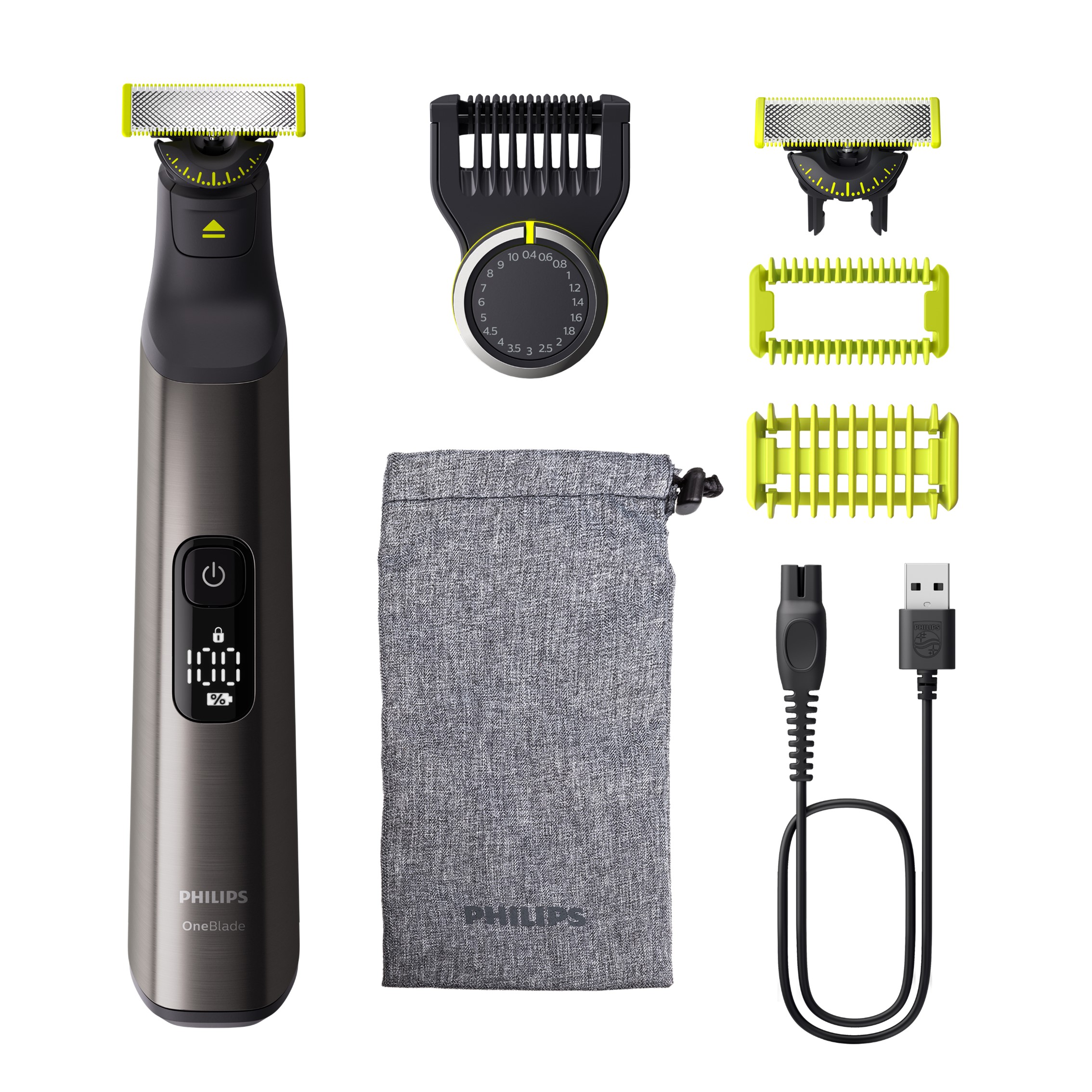 Philips OneBlade Pro Afeitadora de Barba y Corporal,1x cuchilla 360 para cara; 1x cuchilla 360 para cuerpo; Protector de piel; Peine corporal (3 mm); Recortadora con 20 ajustes de longitud; Pantalla LED; Funda blanda; Cable de carga USB-A. (QP6552/15)
