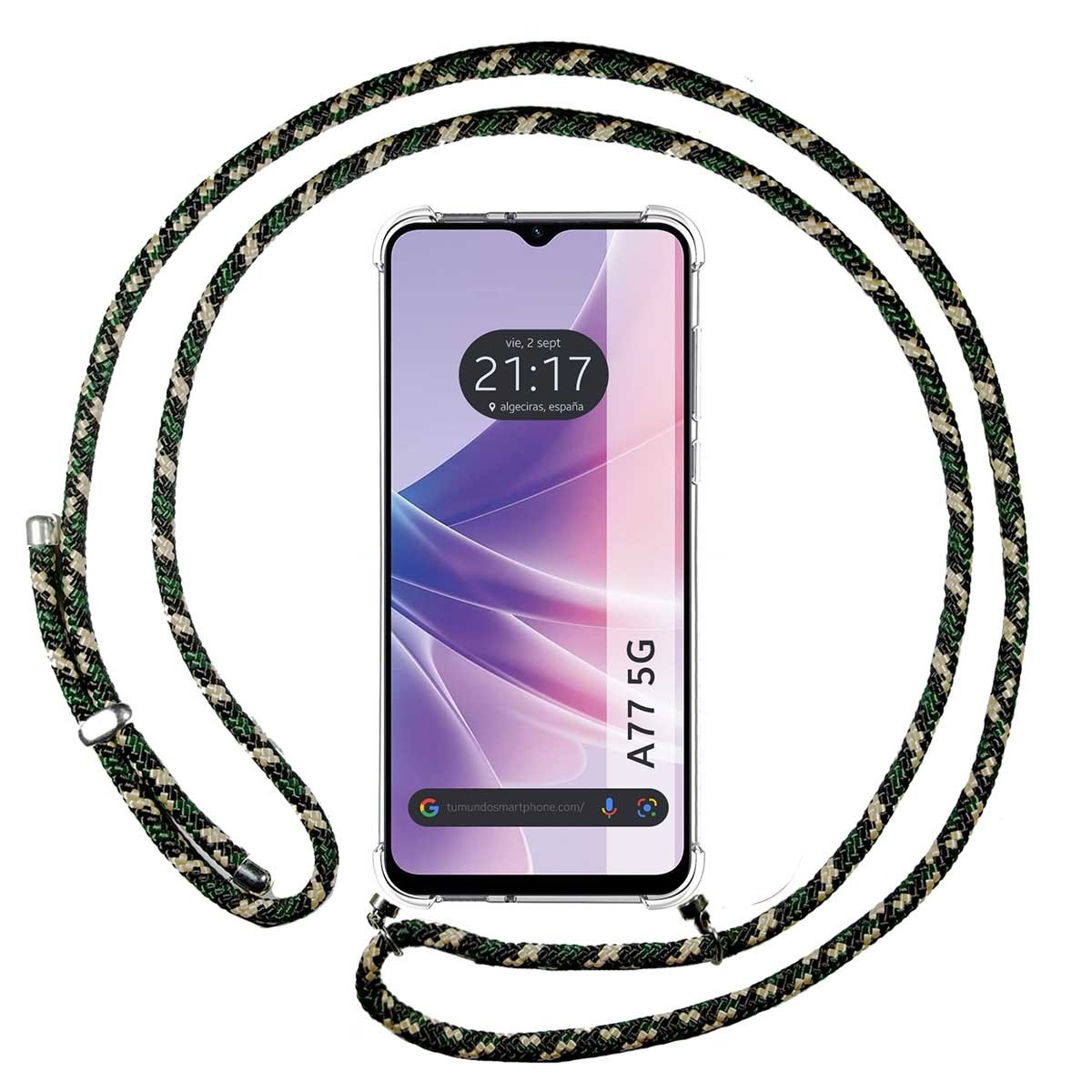 Tumundosmartphone Funda Transparente con Cordón Verde/Dorado para Oppo A77 5G