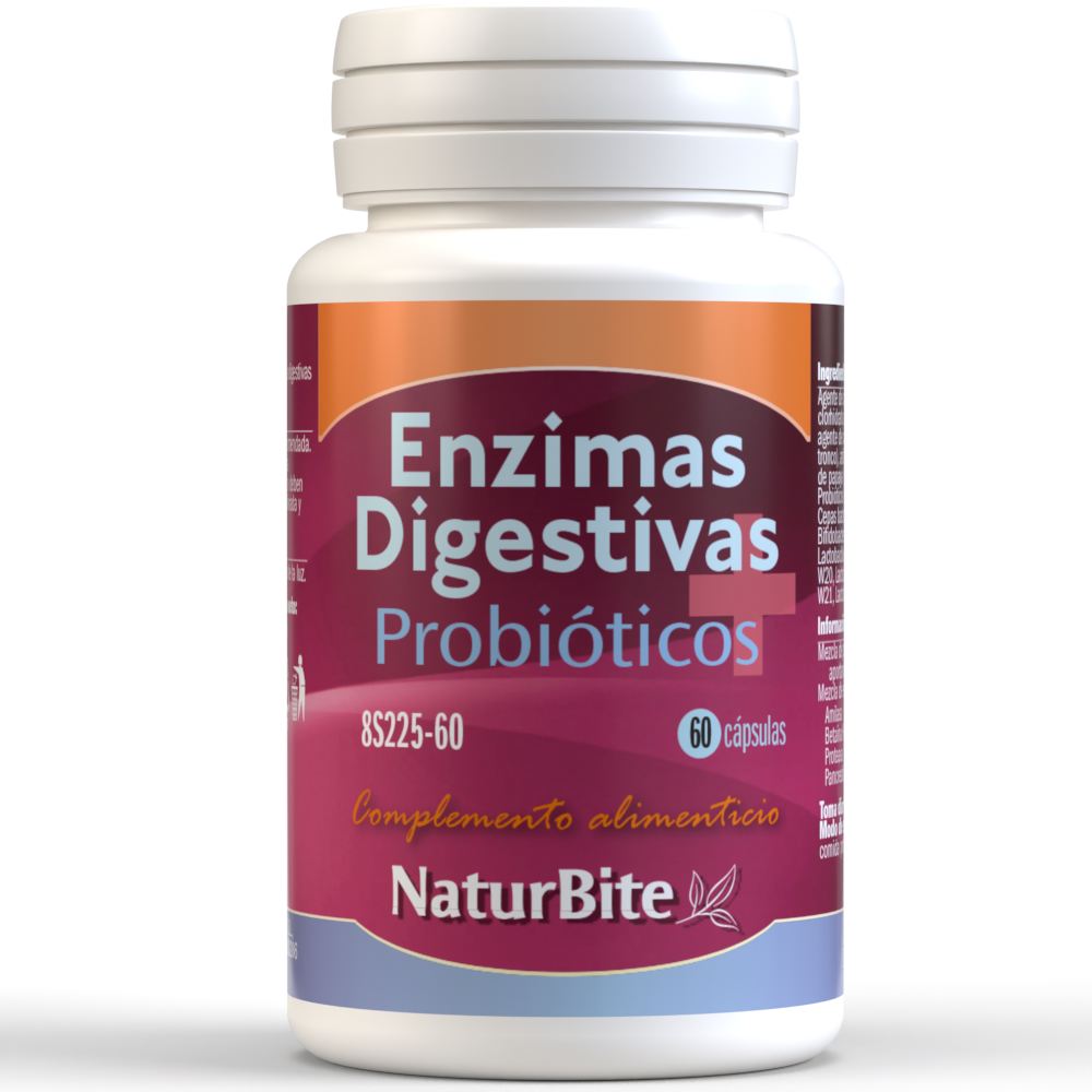 Naturbite - Enzimas Digestivas + Probióticos, 60 ó 120caps. NaturBite. Reducción del Ph intestinal evitando la invasión de organismos patógenos. Mejora del proceso digestivo facilitando la absorción de nutrientes.