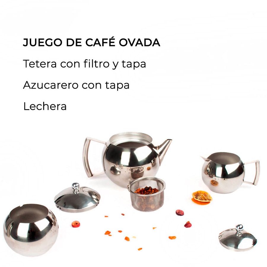 Crc Juego de Té Tetera, Cremera, Azucarero | Acero Inoxidable Clásico | 3 Piezas Ovada