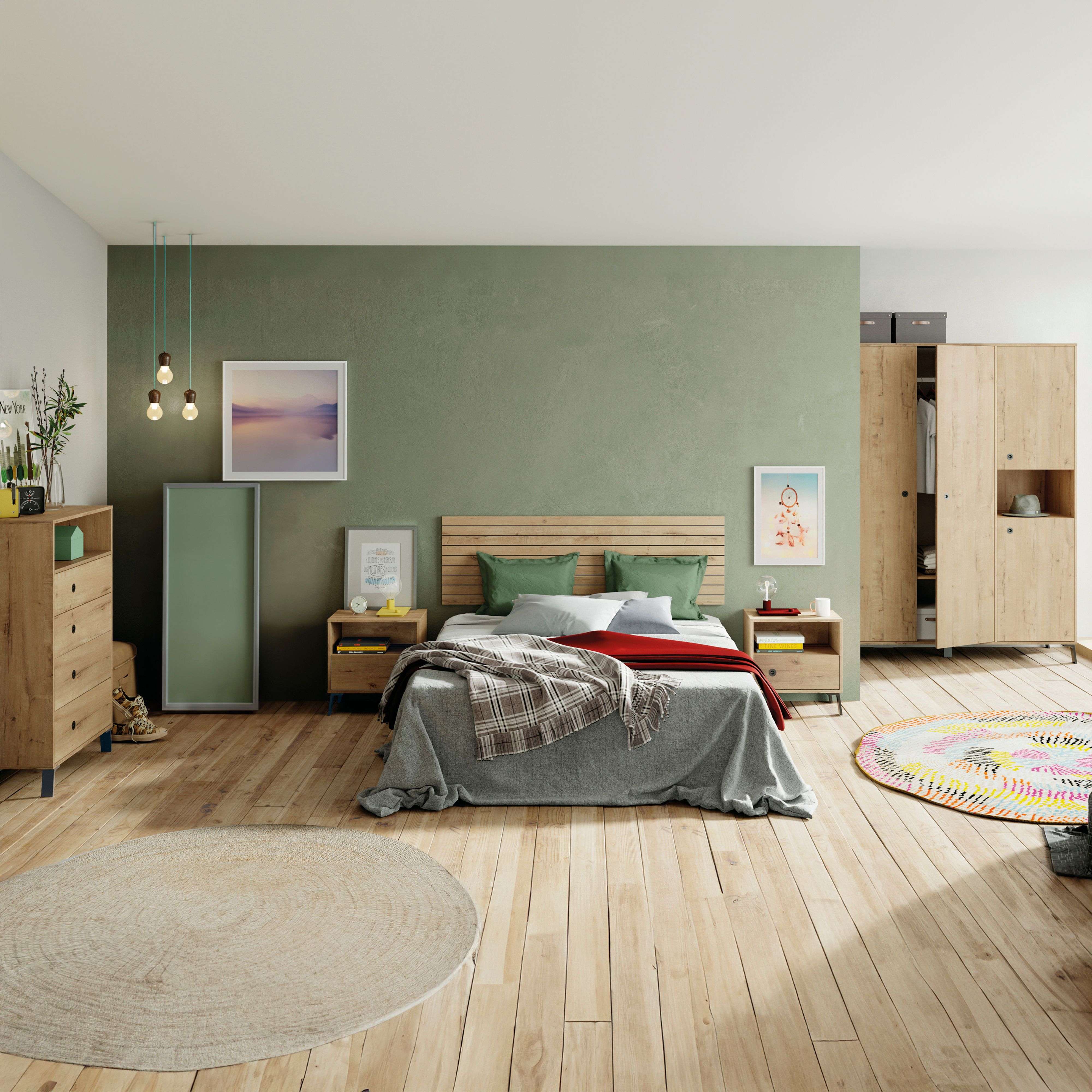 Miroytengo Pack Muebles Dormitorio Camila Armario, Cómoda, Mesita y Cabecero Estilo Industrial Color Roble Gold y Negro
