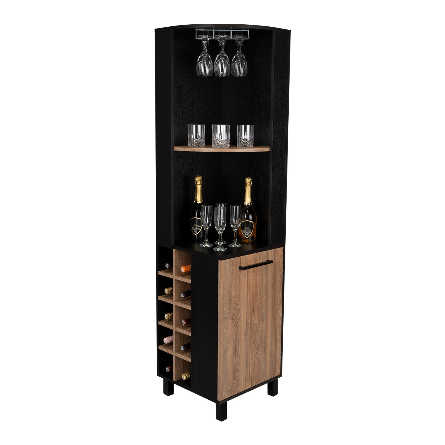 TUHOME Bar Esquinero Kaia, con 1 Puerta y Botellero, Negro / Miel Madera manufacturada Salón-Bar