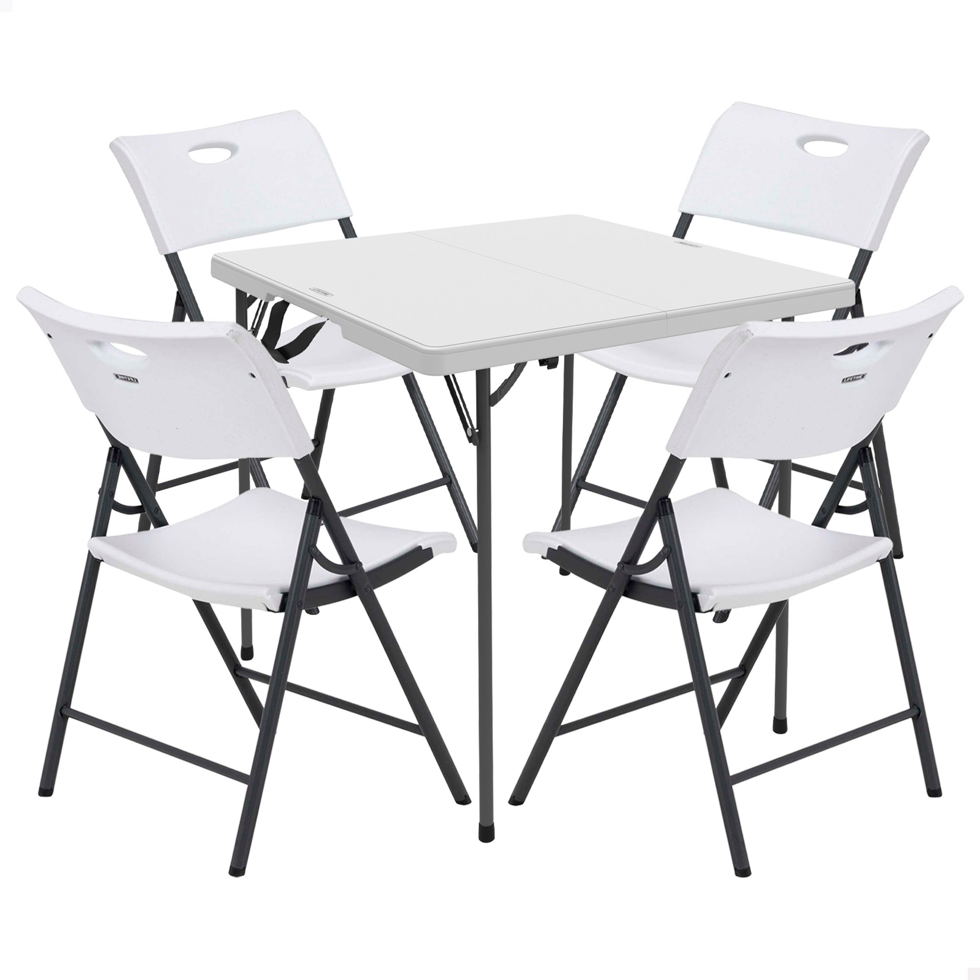 Lifetime - Pack mesa rectangular 94x94 cm y 4 sillas plegables, color blanco, fabricadas en HDPE y acero resistente, con protección UV, patas con topes protectores, ideal para interior y exterior, perfecto para evento, jardín y hostelería