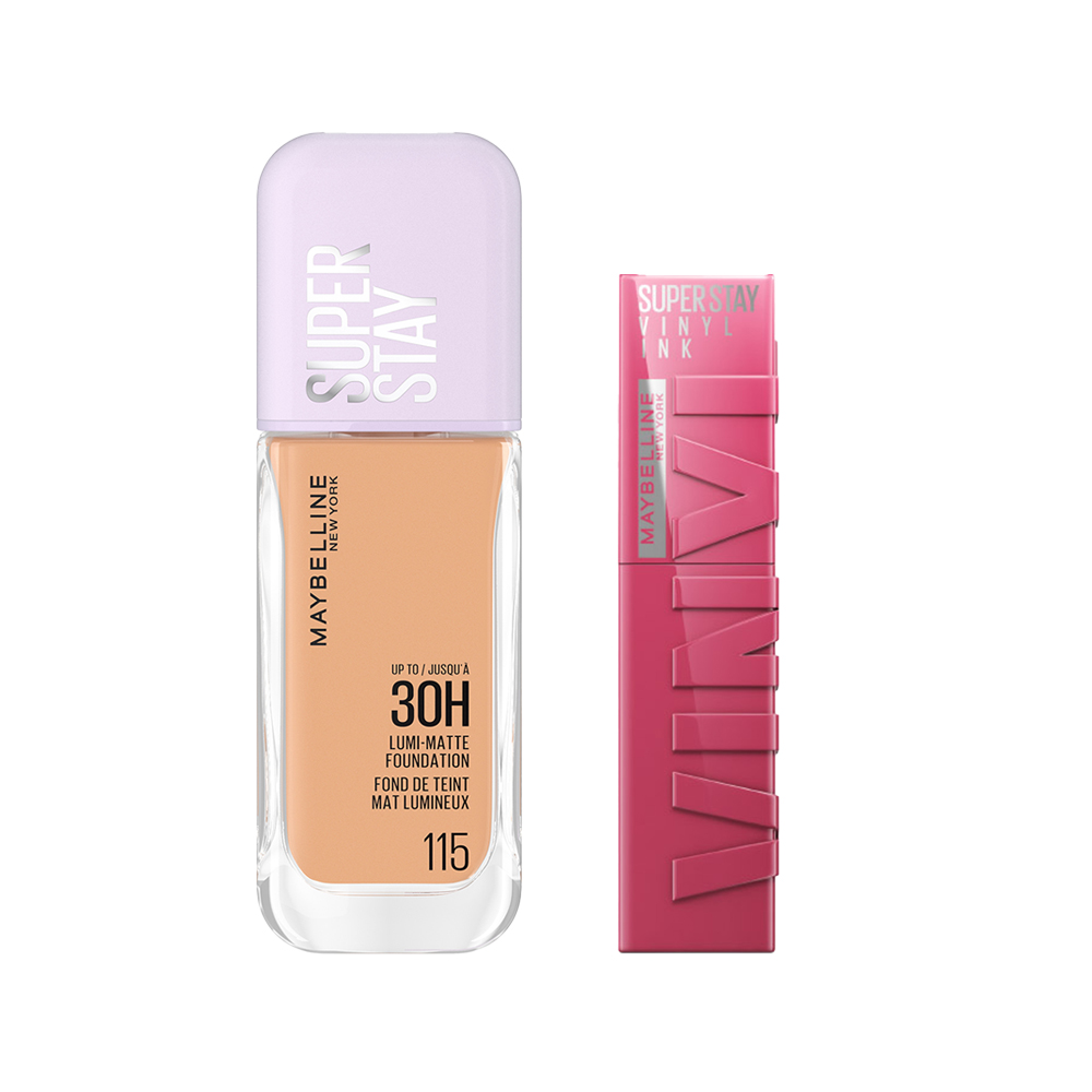 Maybelline New York | Superstay Lumi Matte Foundation 30H Base de Maquillaje Acabado Mate Luminoso Tono 115 + Pintalabios efecto vinilo de larga duración Superstay Vinyl Ink. 16H de color y brillo. Vinilo fijo. Tono COY