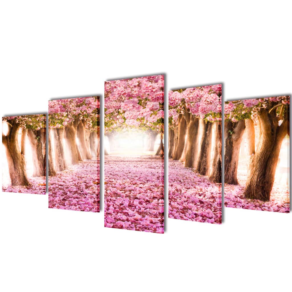 vidaXL Conjunto de Cuadros en 5 Partes Flores de Cerezo Lienzo Pintura Pared Dimensiones 100 x 50 cm, 200 x 100 cm