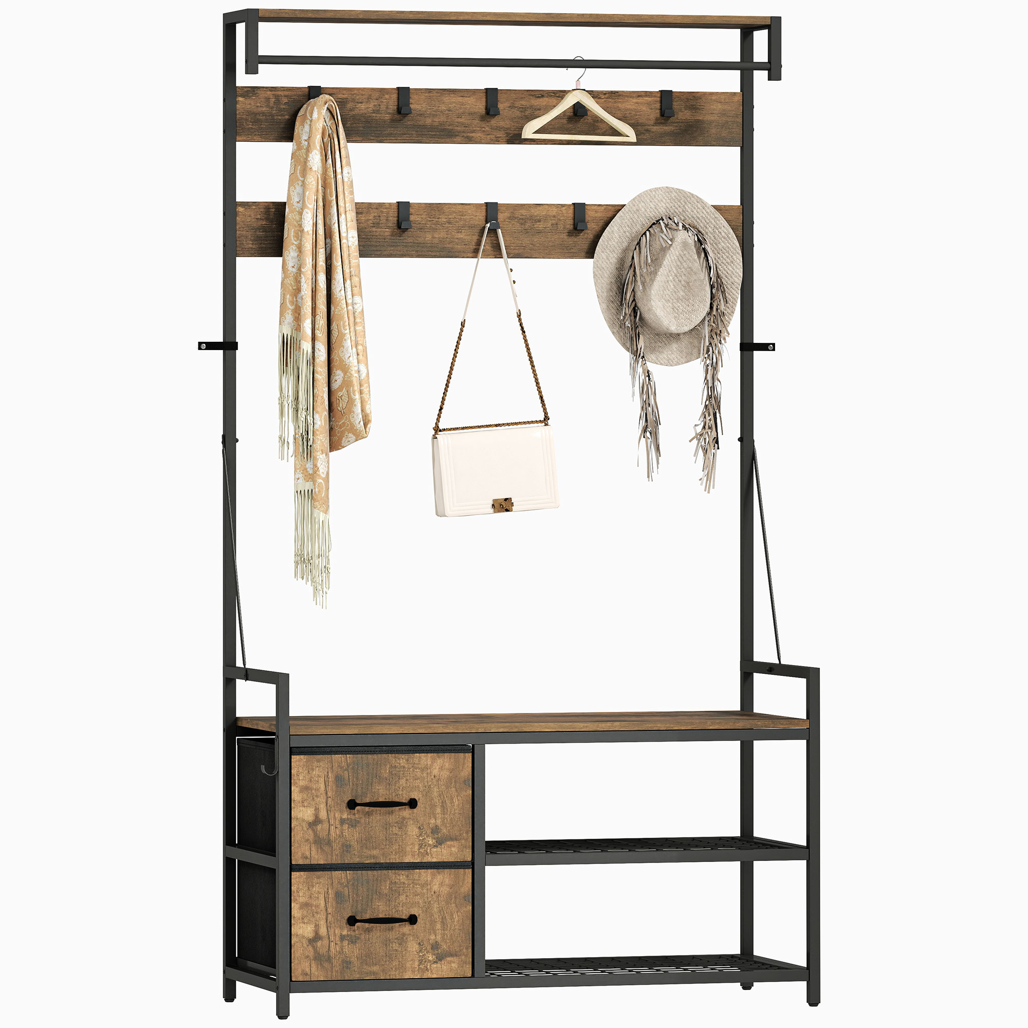 HOMCOM Perchero Zapatero 6 en 1, Perchero Entrada Recibidor con Banco, Zapatero Doble, 10 Ganchos Ajustables, 2 Cajones, Barra Colgante, Estilo Industrial, para Pasillo, 100x40x180 cm, Marrón Rústico