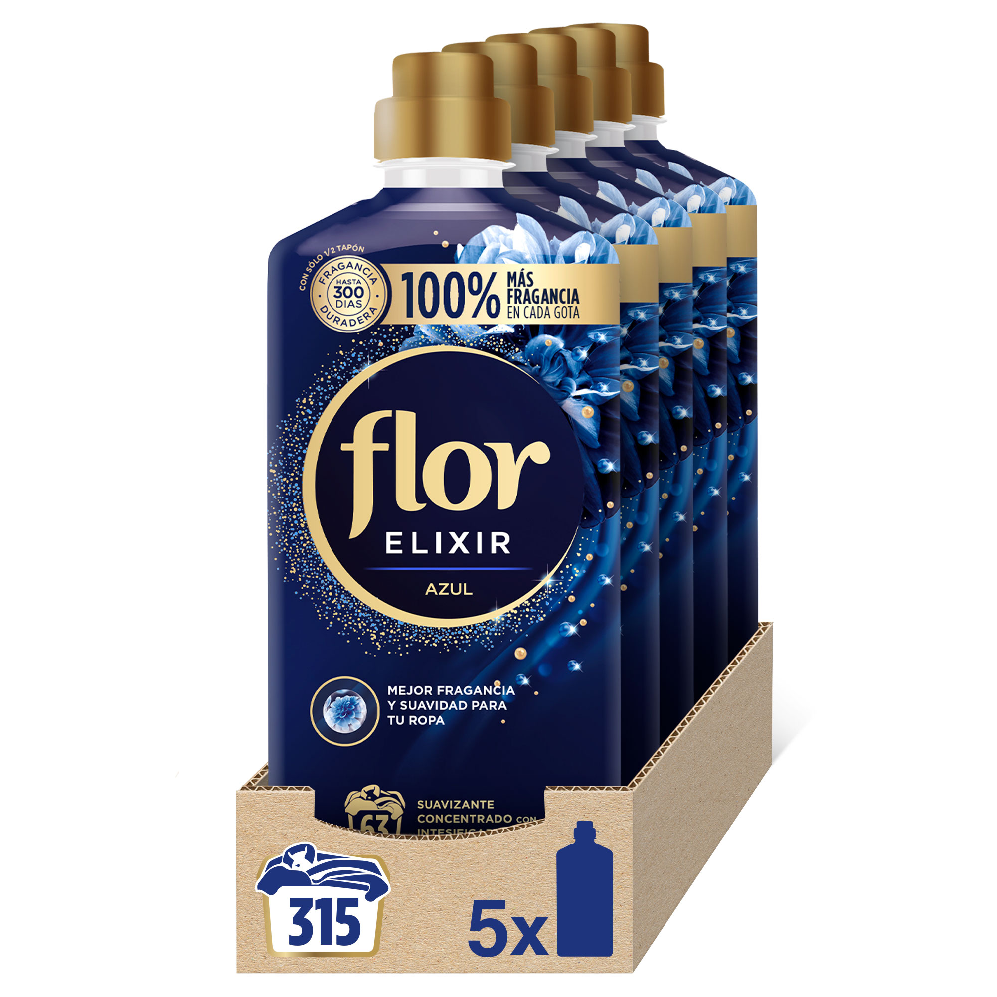 Flor - Flor Elixir - Suavizante para la ropa concentrado, aroma azul - 315 dosis (5x63 lavados)