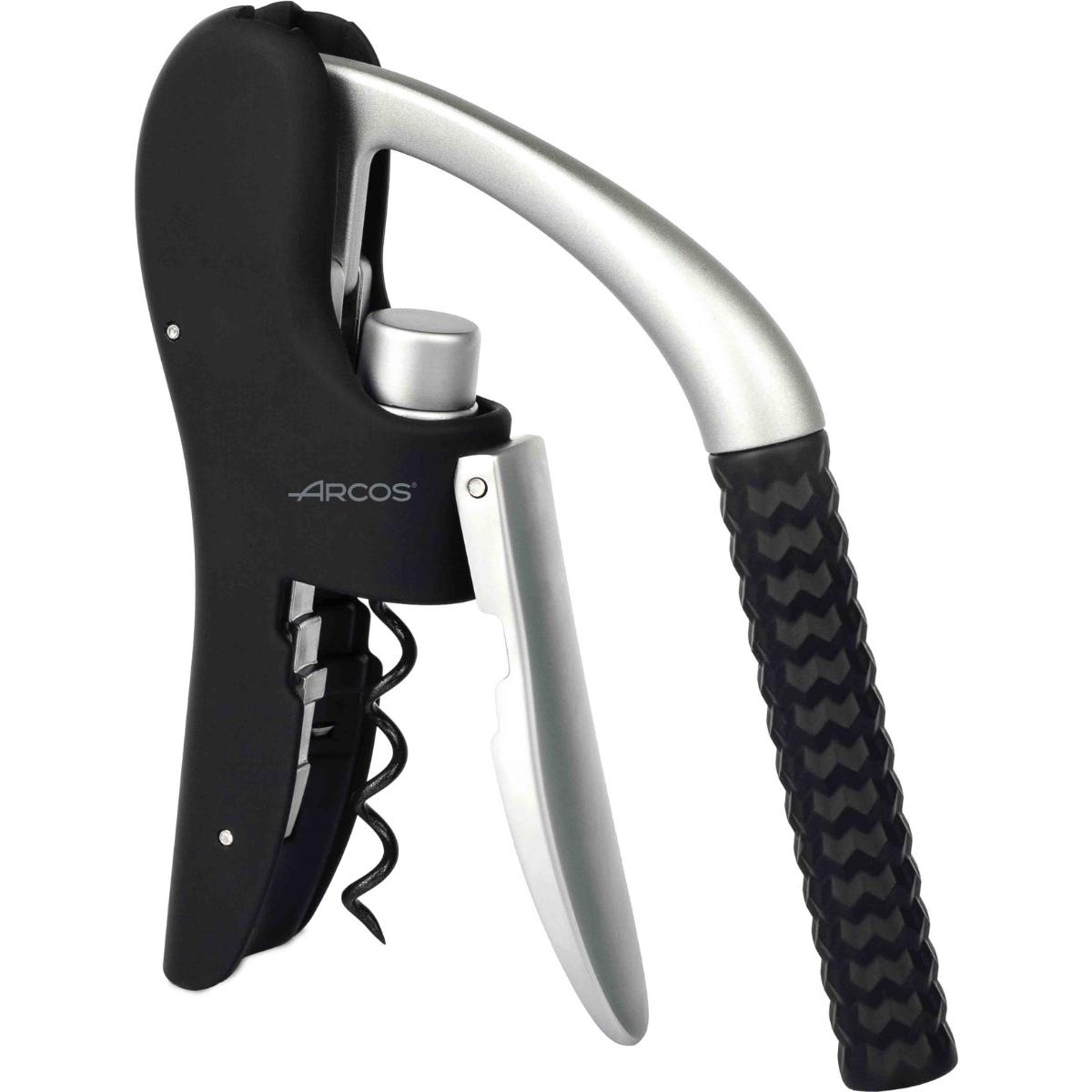 ARCOS Sacacorchos Manual de ABS, Aleación de Zinc y Elastómero. Accesorio para Abrir Vino con Cortacápsulas. Abrebotellas de Mano Moderno y Ligero. Color Plata y Negro