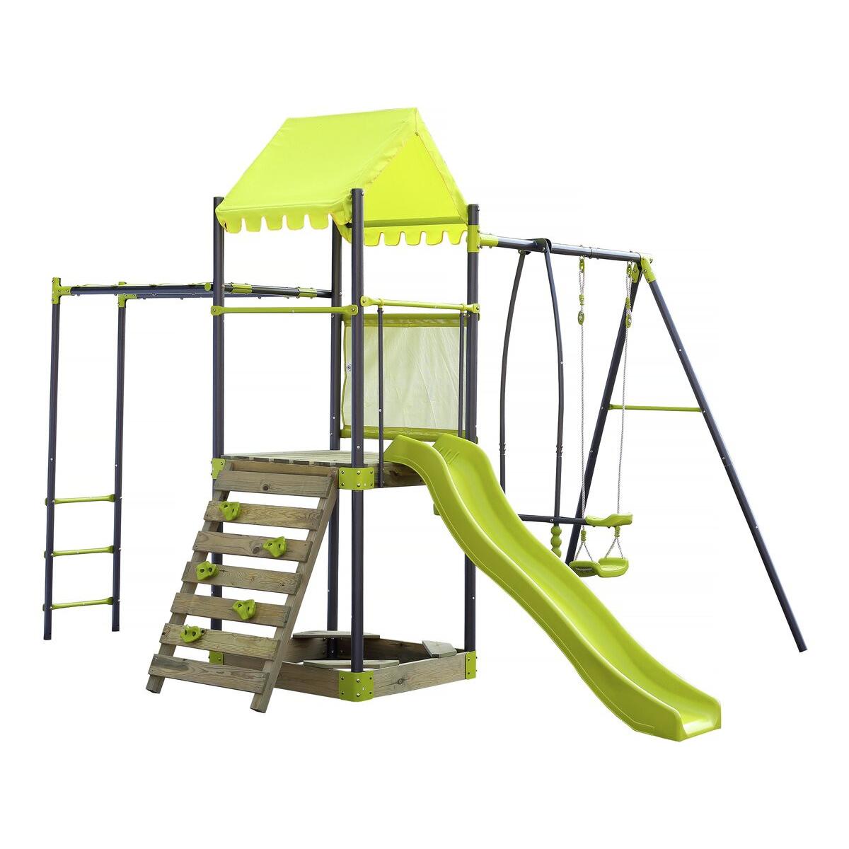 Habitat y Jardin - Columpio metálico "Lucien" con tobogán y arenero - Verde