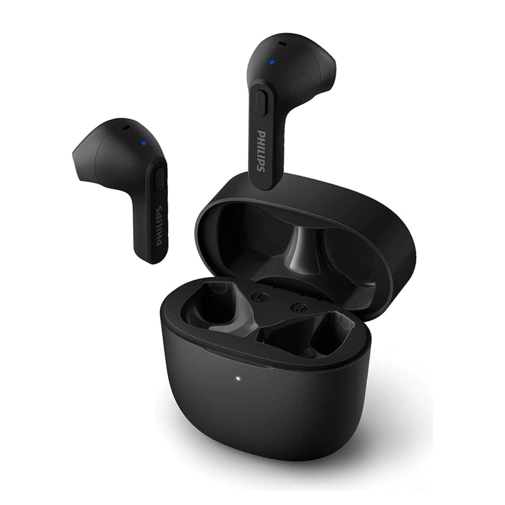 Philips TAT2236BK/00 Auriculares inalámbricos, Estuche de Carga súper Delgado, Resistente a Salpicaduras y Sudor, Bluetooth, 18 Horas de reproducción, micrófono Integrado, Negro