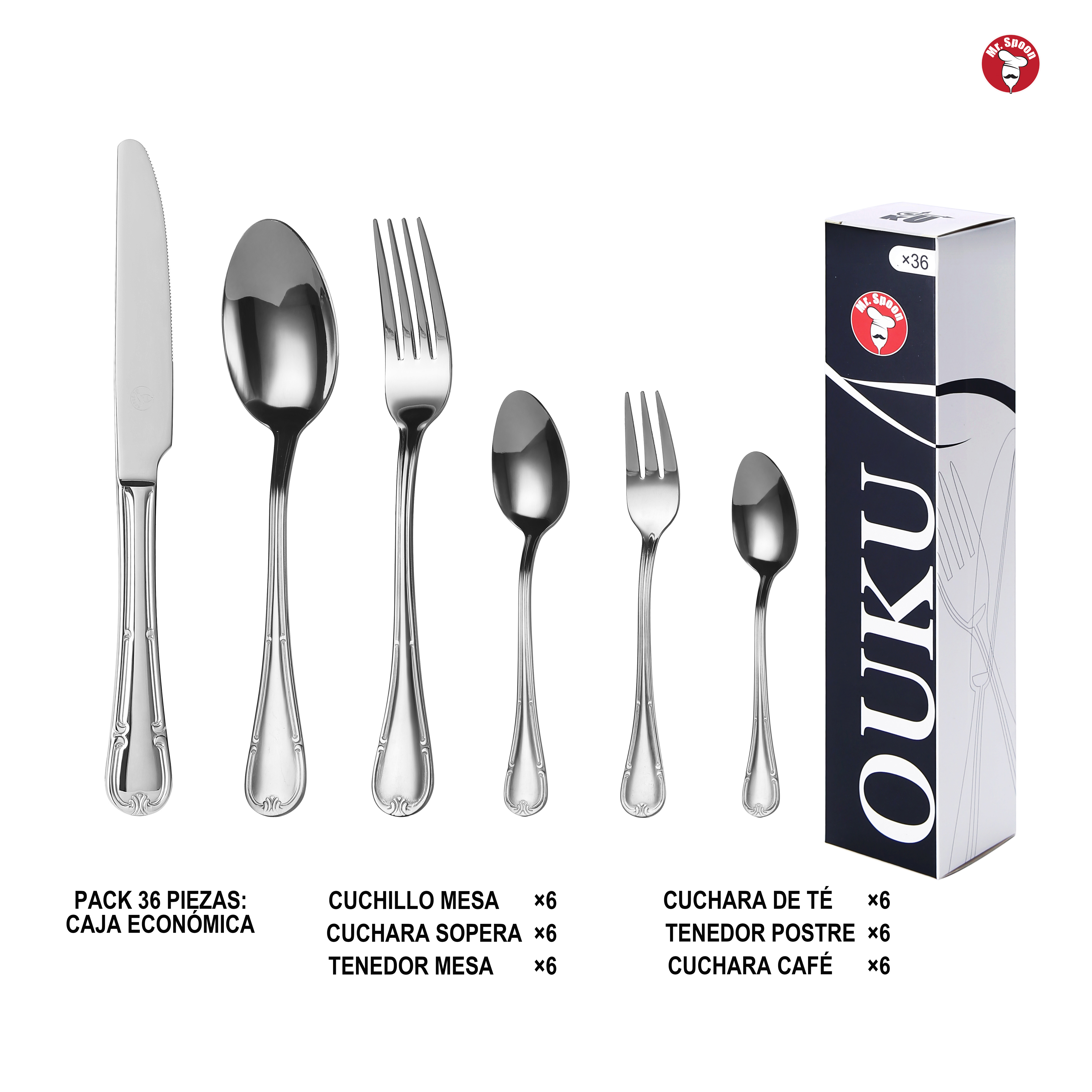 Mr.Spoon Serie Flores Juego 20, 30 o 36 piezas cubiertos,Acero Inoxidable18/0,Plateado,Económico y funcional,Incluye cuchillo carne o mesa,tenedor,cuchara,cucharilla,etc.Mango monobloque,Apto para lavavajillas,Empaque ecológico,Para casa,hotel,restaurante