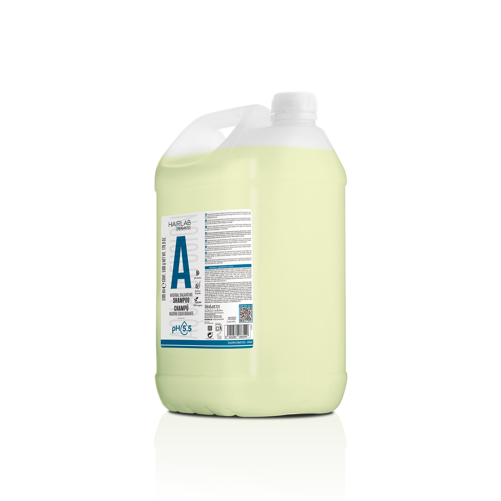 Salerm Cosmetics Hairlab Neutral Balancing Shampoo 5100 Ml. / Champú Neutro Dermoprotector pH 5,5, con Té Verde para Uso Frecuente.