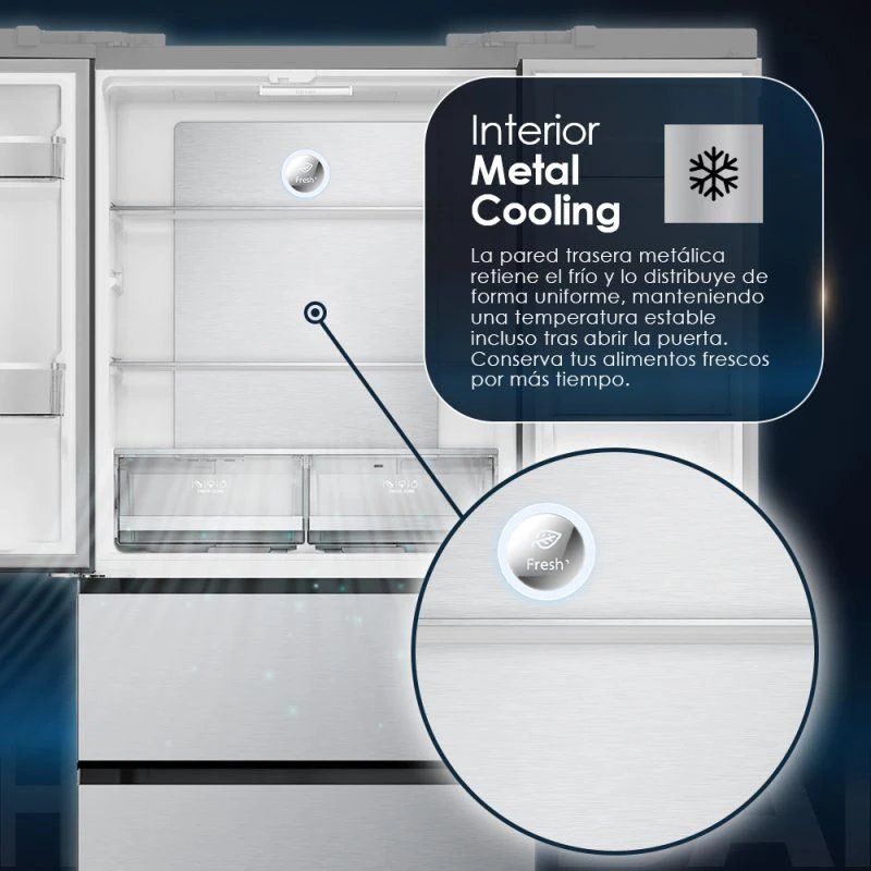 Frigo Combi No Frost HYUNDAI HFR18383NDDI00 Alto 183cm x 83,6cm Clase D Inox  | 436 L, Puerta Francesa, Display táctil, Inverter