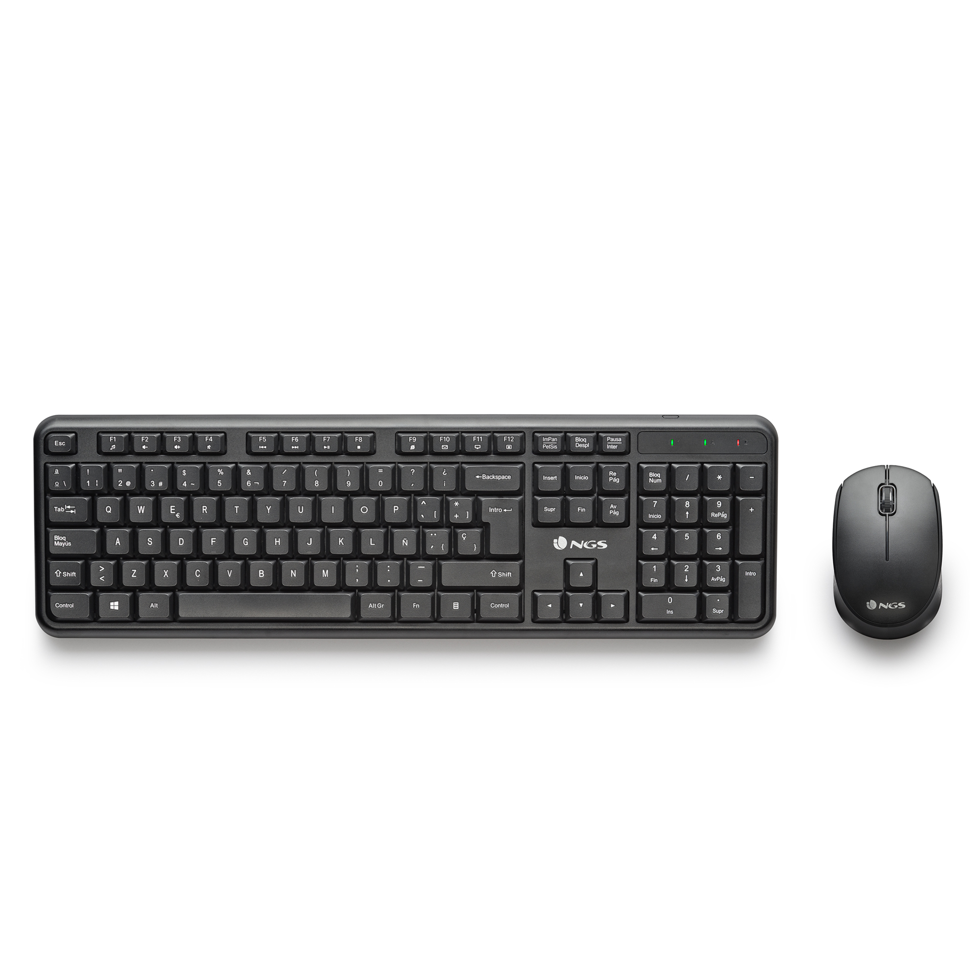 NGS HARMONY KIT: combo de teclado y ratón inalámbricos. 12 Teclas multimedia. Layout Español. Botones silenciosos. Ratón ambidiestro, 1200 DPI. Negro