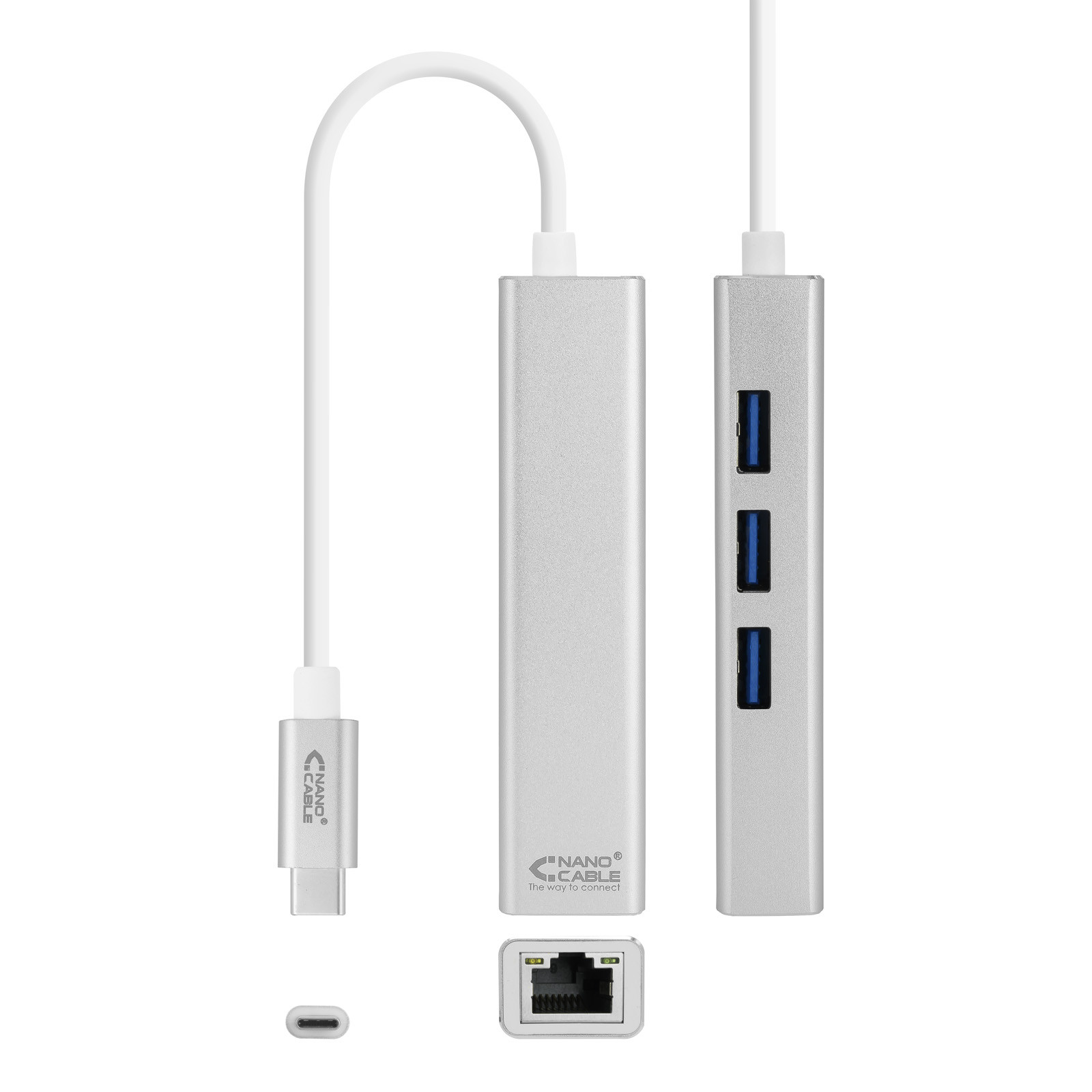 Nanocable Conversor USB-C a Ethernet Gigabit + 3xusb 3.0 Plata