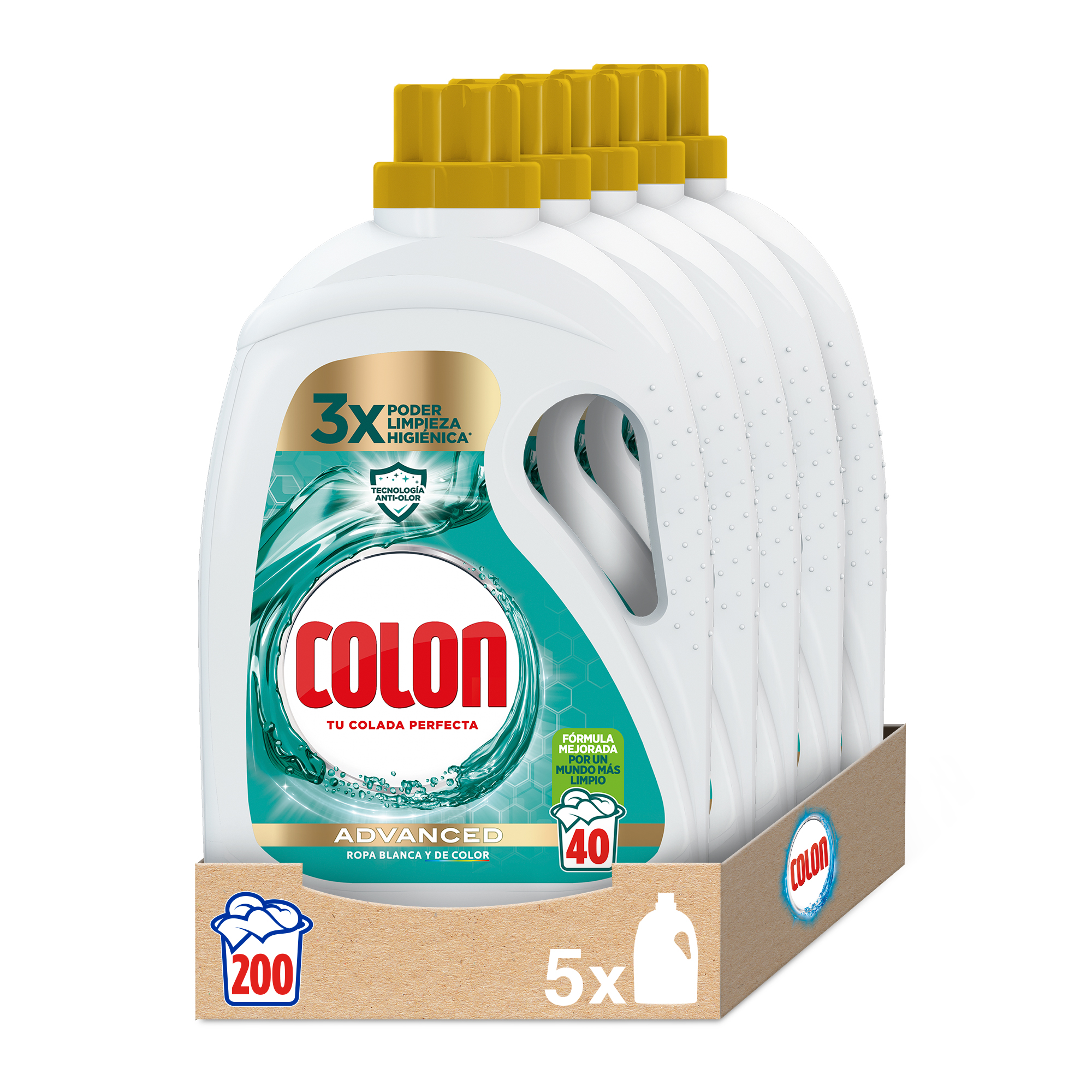 Colon Higene Advance Detergente para la Lavadora, 200 Lavados (Formato 5x40), Ropa Blanca y Color, Higieniza y Elimina Malos Olores