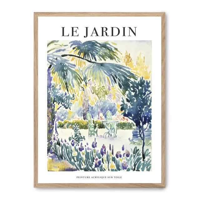 Cuadro le jardin i 30x40cm, Póster impreso en papel de primera calidad de 180gr, montado sobre marco de madera MDF acabado roble., Arte - Pinturas