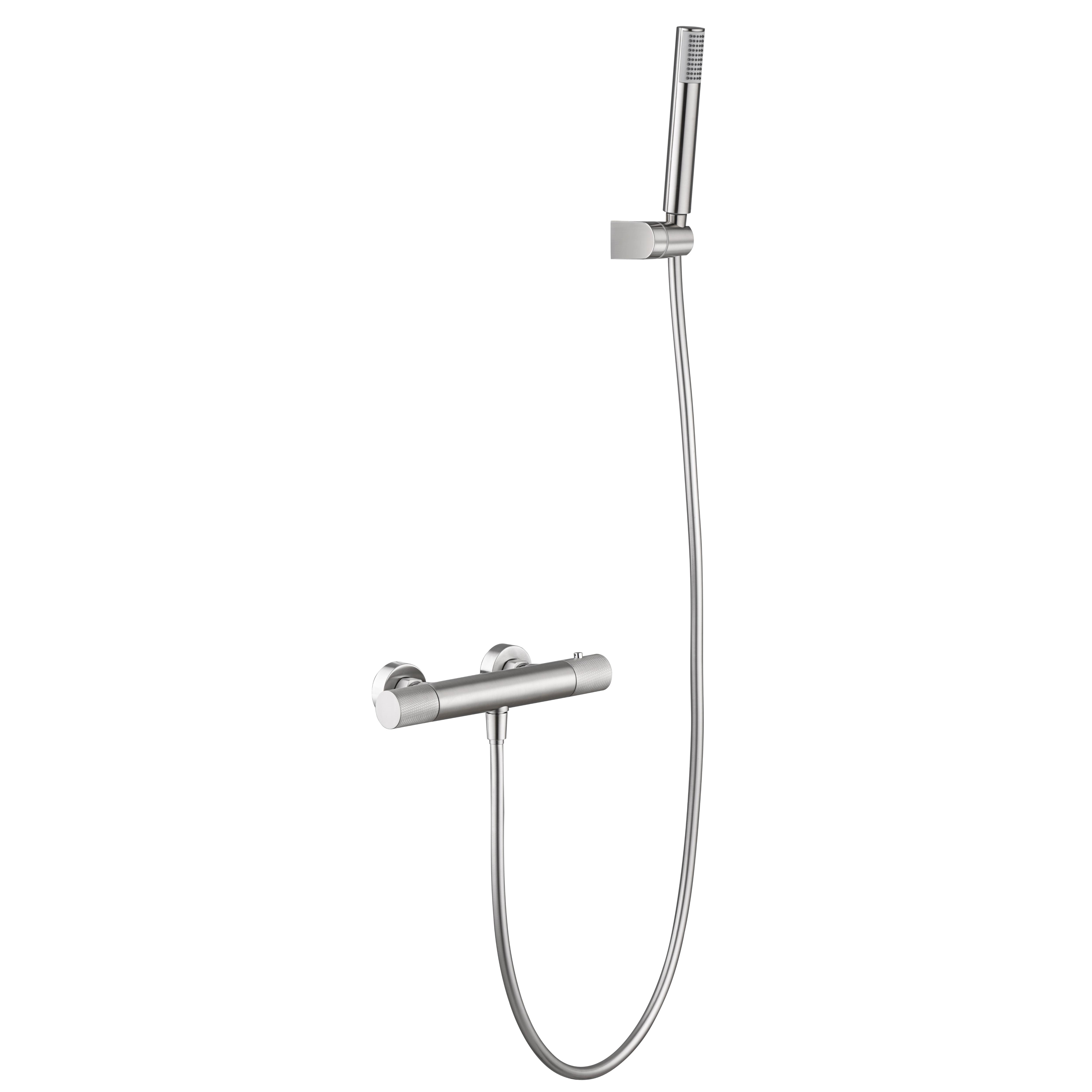 IMEX - Grifo Ducha Termostatico con Alcachofa y Flexo  Grifo de Bañera y Ducha con Soporte para Alcachofa  Grifería Ducha con Caudal de 12L/min  Serie Line  Color Níquel
