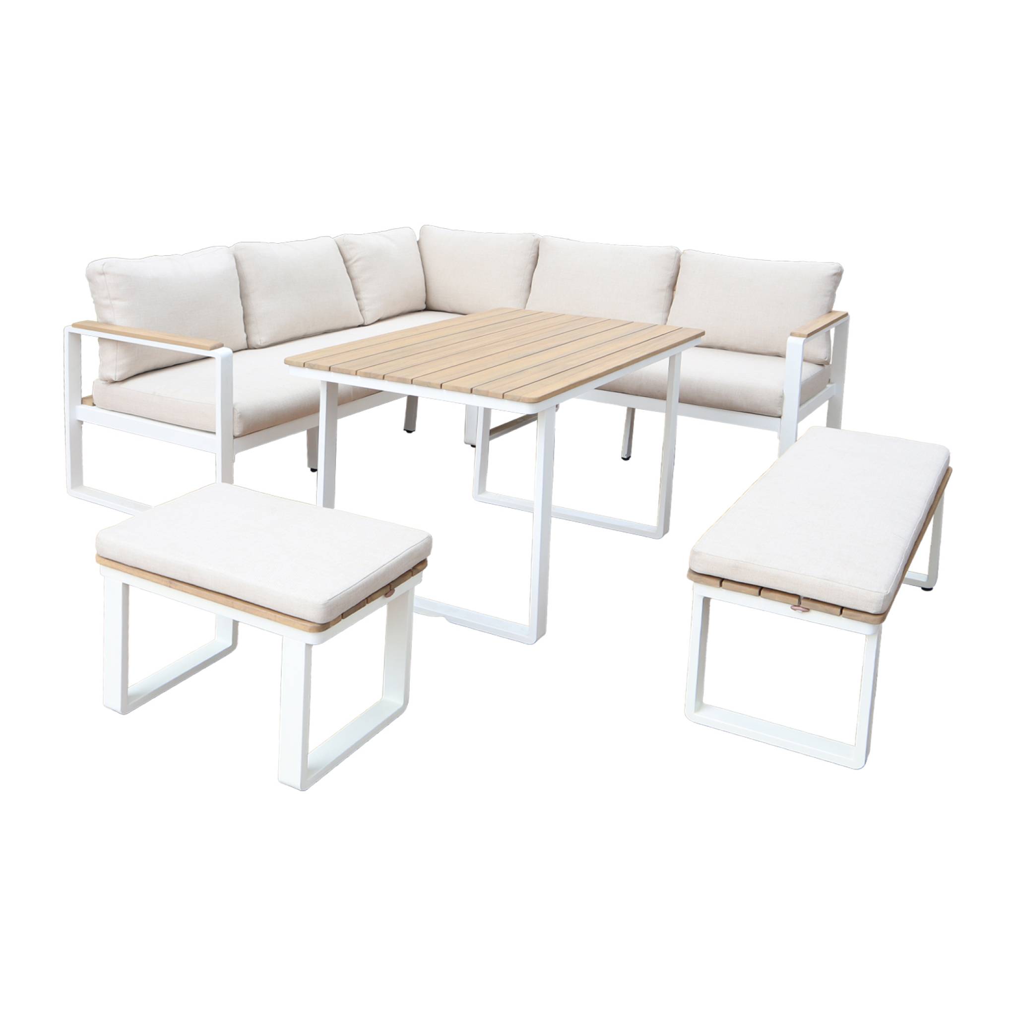 sweeek - Conjunto de jardín en madera de acacia y aluminio de 8 plazas, Pampas, Blanco, 197x72.5x72.5 cm