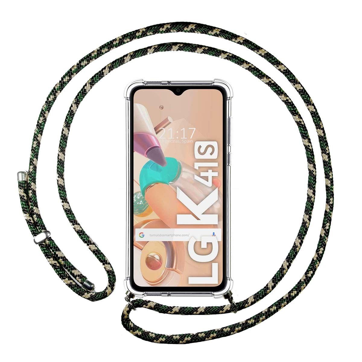 Tumundosmartphone Funda Colgante Transparente para Lg K41s con Cordon Verde / Dorado