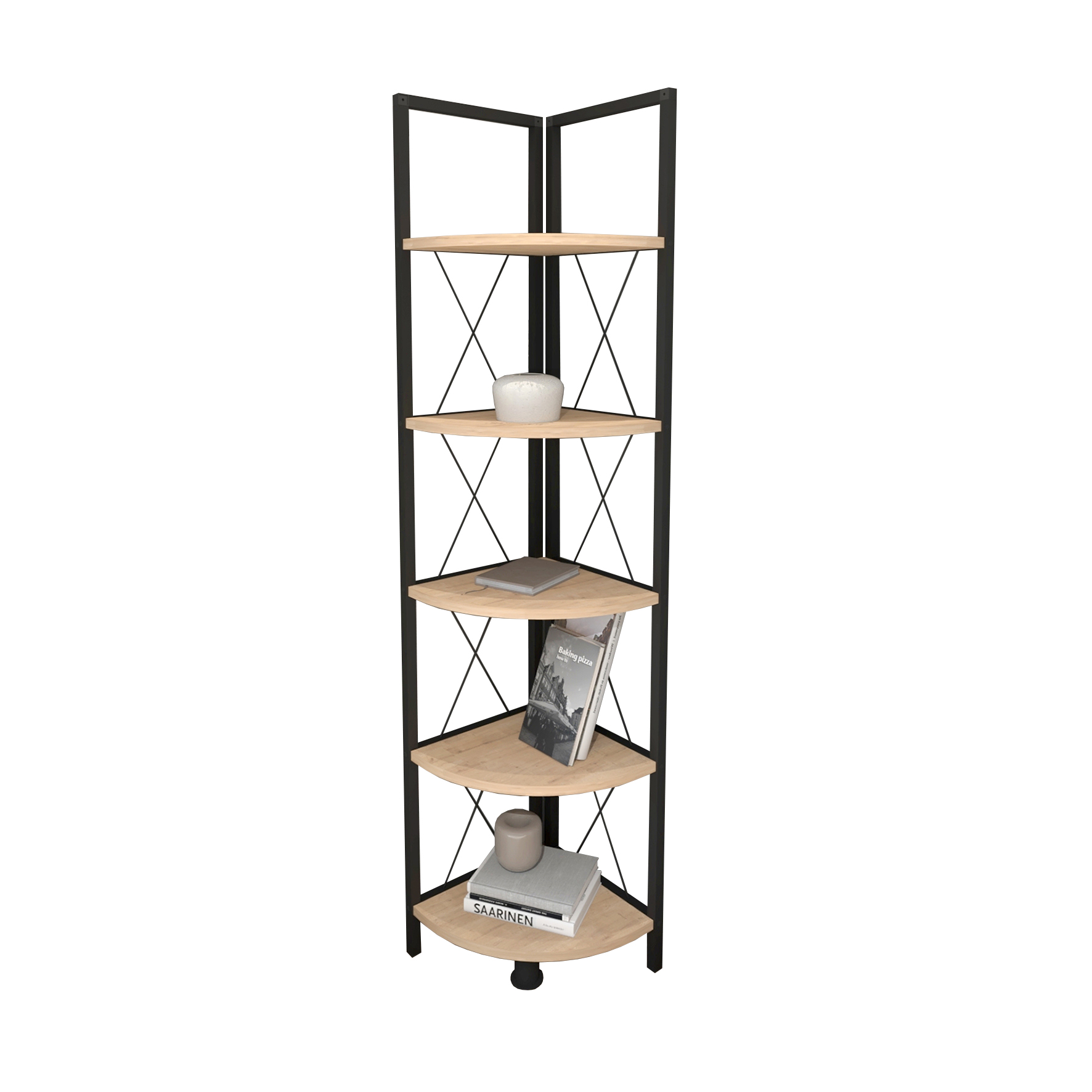 Estantería Librería rinconera metálica. Estilo industrial. Con 4 estantes melamina color roble Safir. Estructura metálica negra. (Alto 160 cm/Ancho 34 cm/Fondo 34 cm)