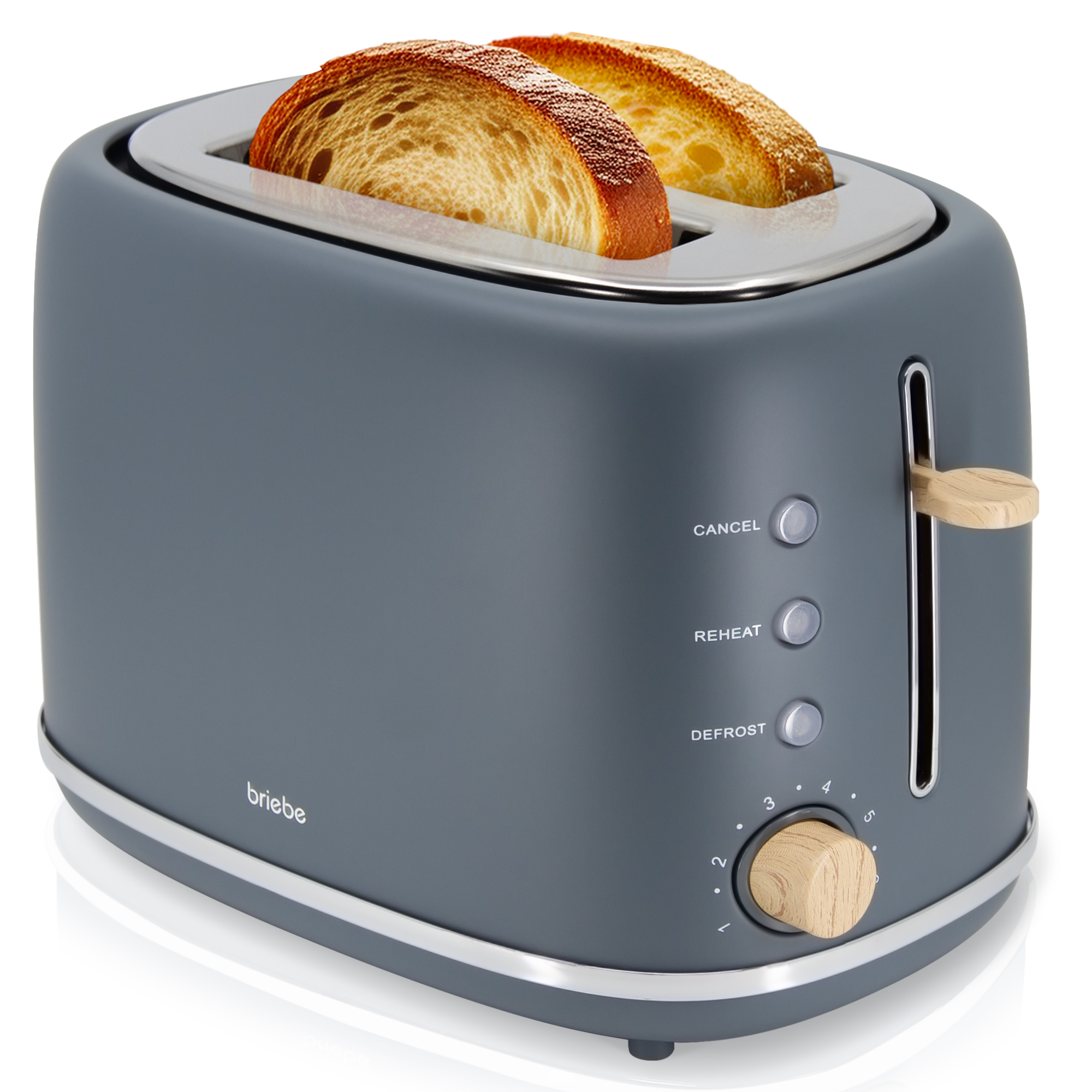 Briebe TA1166GRY Nordic Tostadora Pan Ranura Ancha, Tostador 2 Rebanadas, 6 Niveles Tostado, Calientapanecillos, 870W, Gris