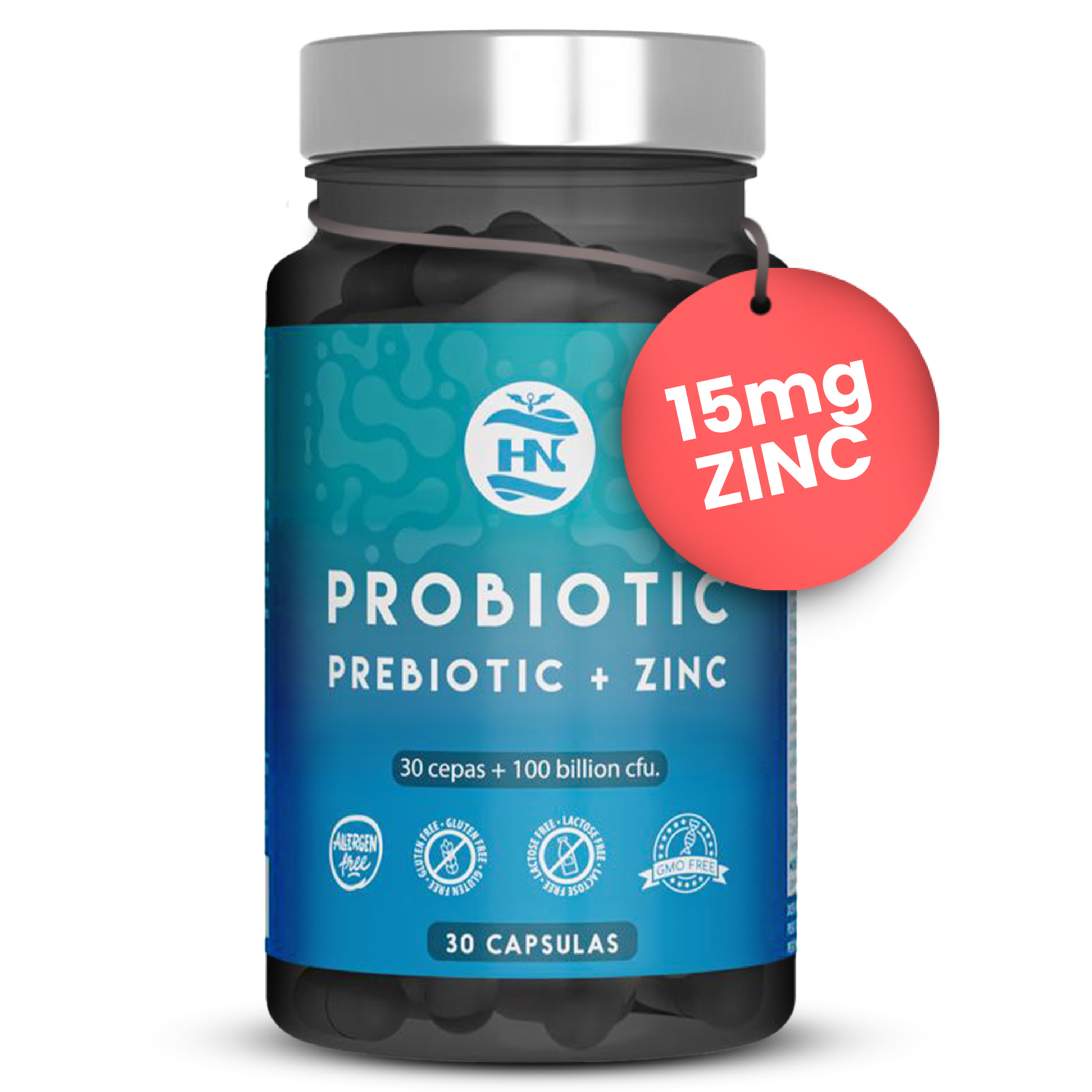 HN - Healthy Nutrition Probioticos y Prebioticos Intestinales 100 mil millones de UFC-30 Cepas Bacterianas Prebioticos y Probioticos con Zinc + Inulina para Apoyo Inmunológico Probióticos para Flora Intestinal 30 Cápsulas